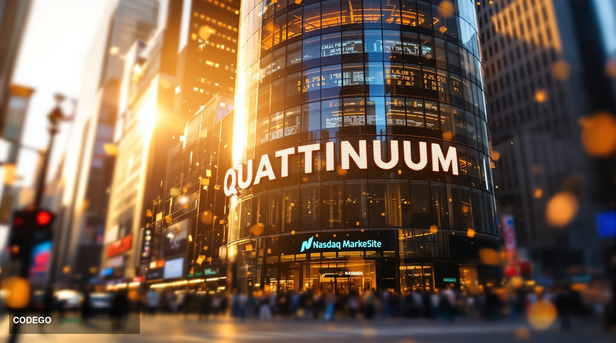 A dramatic cinematic photograph of the NASDAQ MarketSite building in Times Square, New York City, captured during the golden 