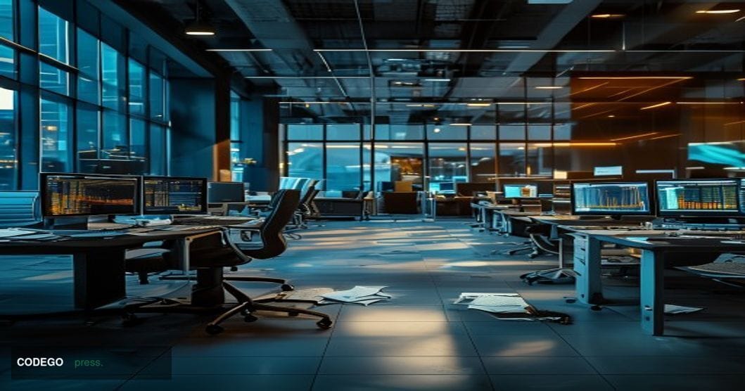 A dramatic editorial photograph showing an abandoned modern tech office or trading floor with empty desks and dark computer s