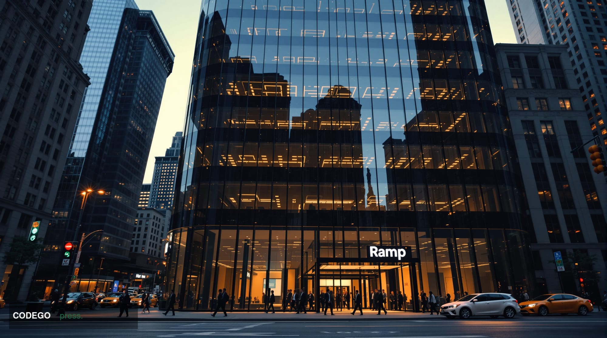 A cinematic establishing shot of Ramp's New York headquarters building in Manhattan's Financial District, photographed during