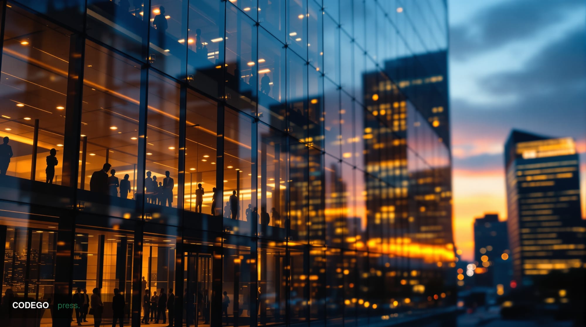 A cinematic editorial photograph showcasing Ramp's corporate headquarters or a modern fintech office environment, captured wi