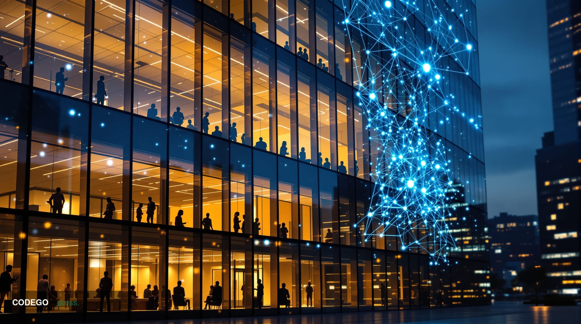 A cinematic editorial photograph showing the modern glass facade of a cryptocurrency exchange office building at dusk, with d