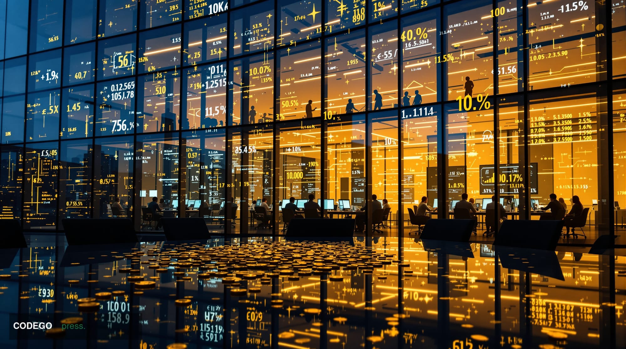 A dramatic cinematic photograph of a modern glass-walled technology office building at dusk, representing a DeFi exchange hea
