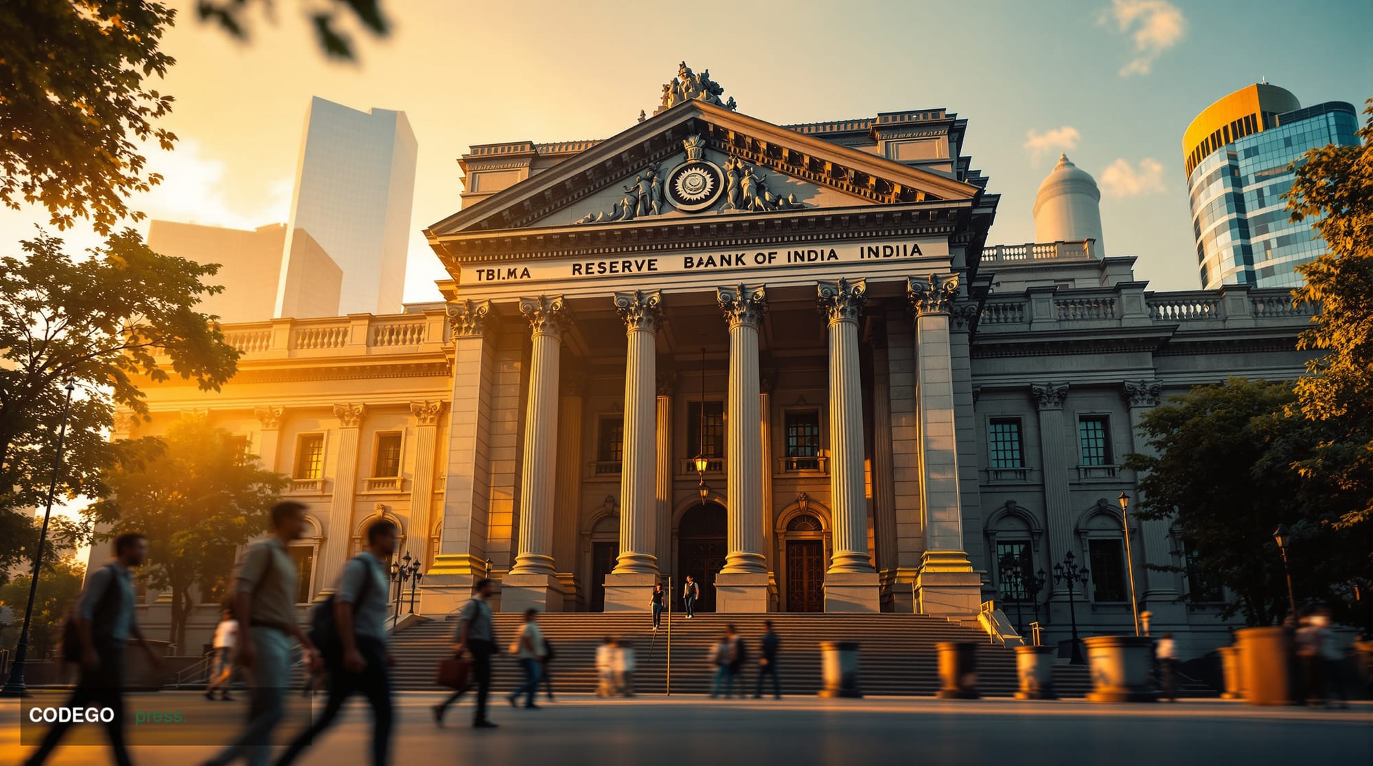 A dramatic editorial photograph capturing the imposing neoclassical architecture of the Reserve Bank of India's main headquar