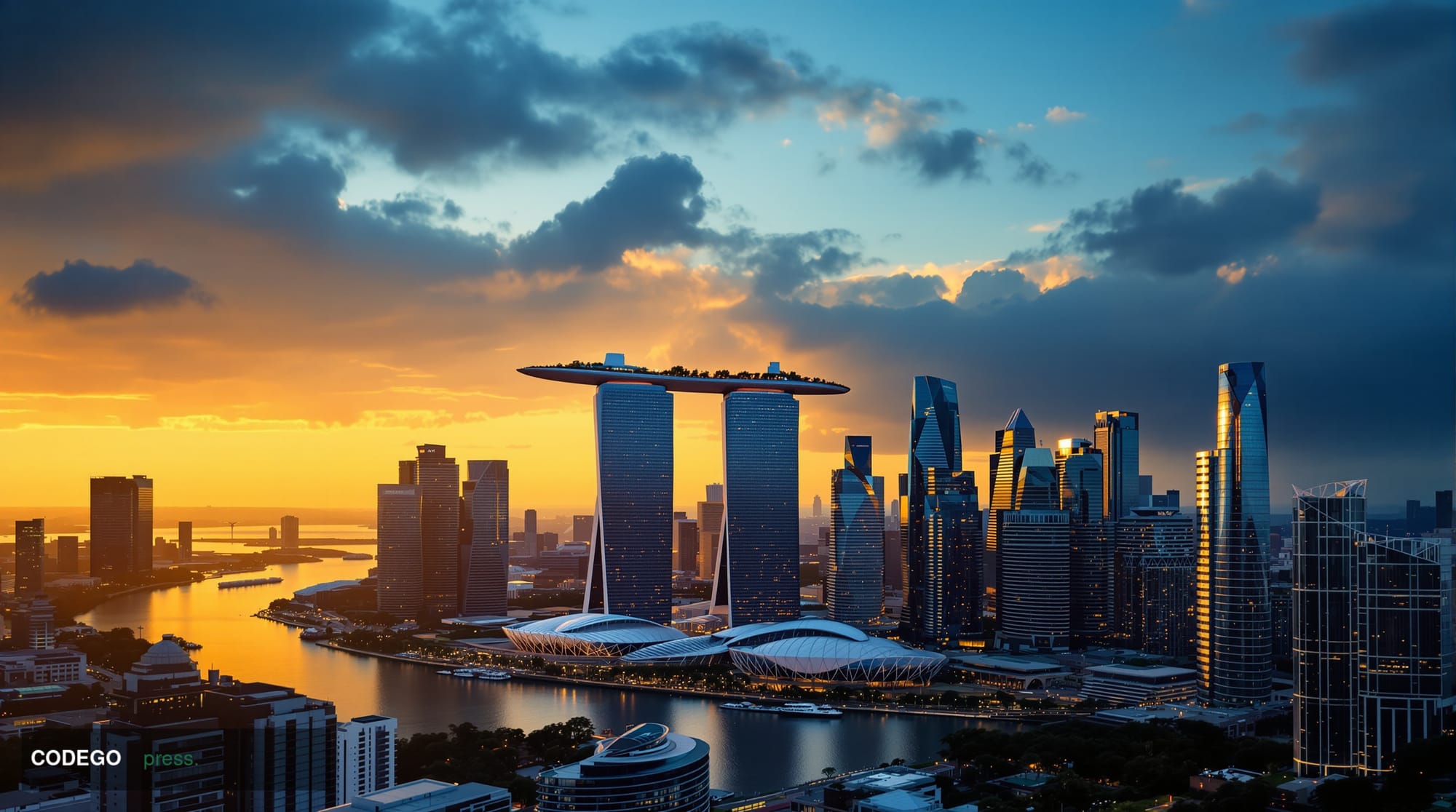A cinematic editorial photograph showcasing Singapore's Marina Bay financial district at golden hour, with the iconic Marina 