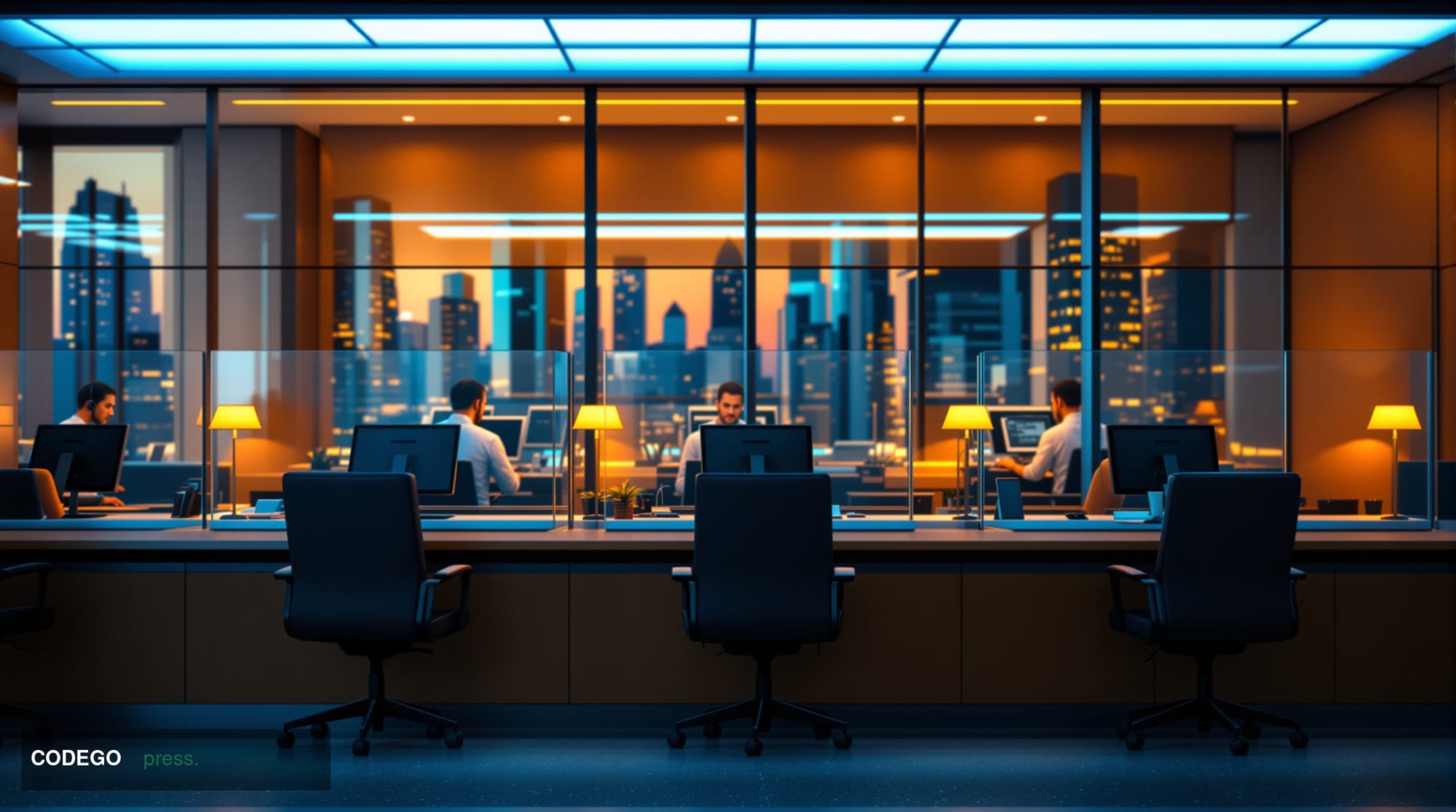 A photorealistic editorial photograph showing the interior of a modern regional bank branch in Chicago, captured from a low a
