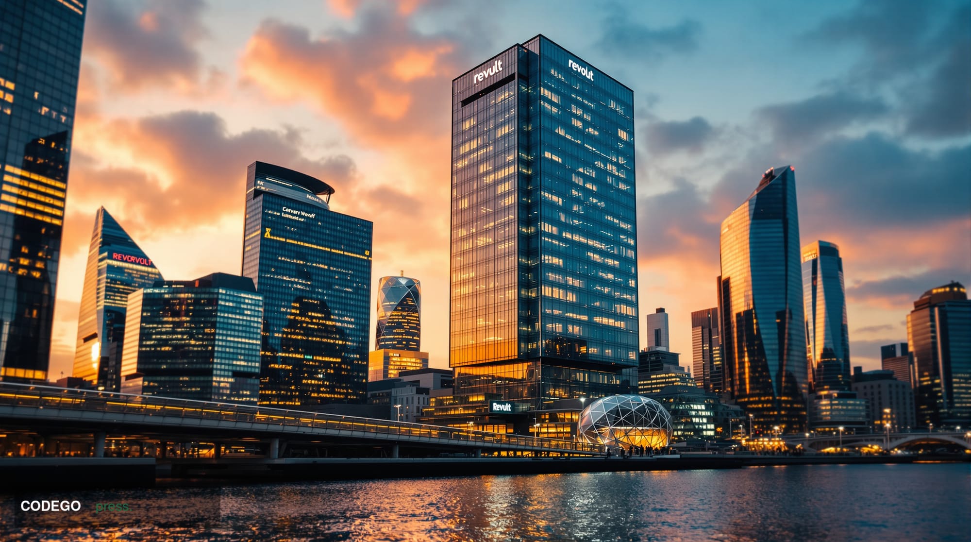 A dramatic architectural shot of Revolut's London headquarters building in Canary Wharf, photographed during golden hour with
