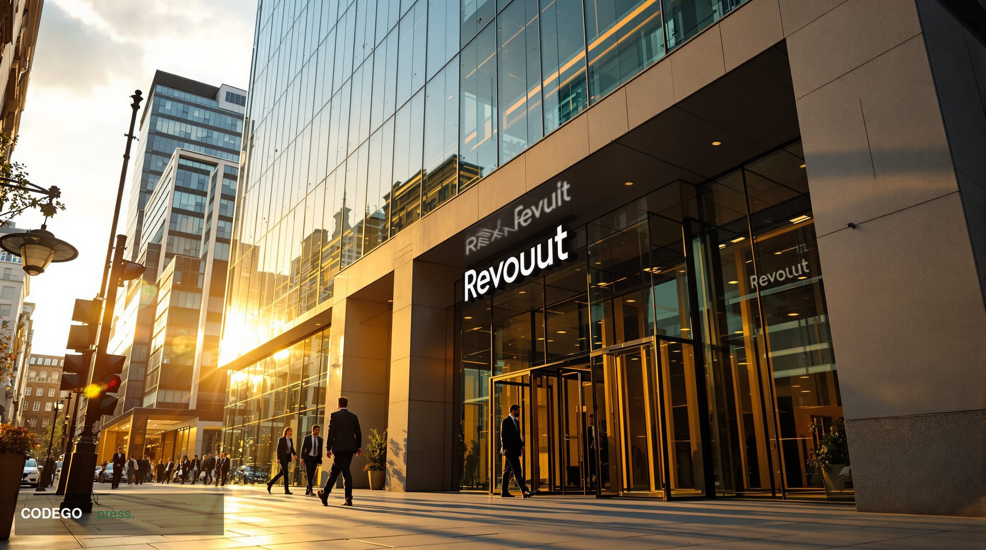 A cinematic editorial photograph of Revolut's modern London headquarters building exterior during golden hour, with warm ambe