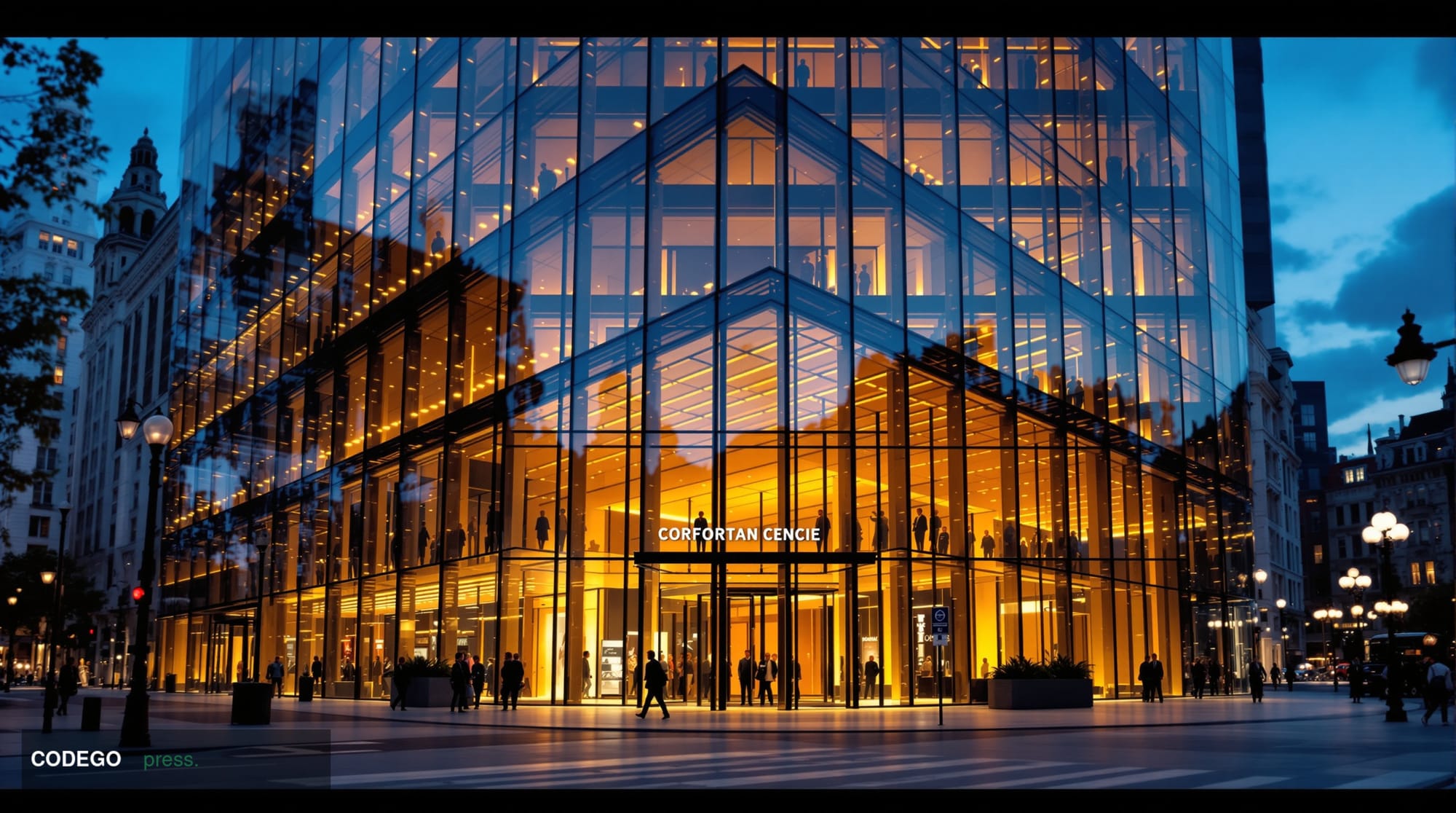 A cinematic editorial photograph showcasing Revolut's London headquarters building exterior with its recognizable modern glas