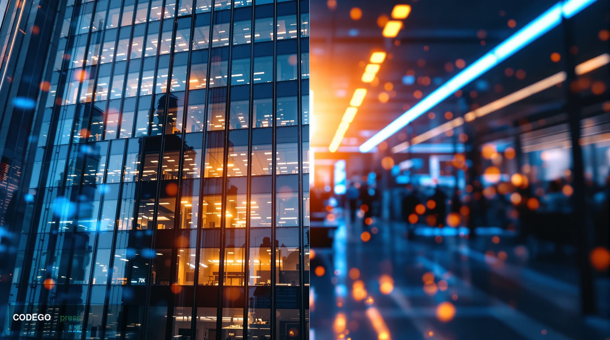 A dramatic split-screen editorial photograph showing the contrasting worlds of traditional banking and cryptocurrency. On the