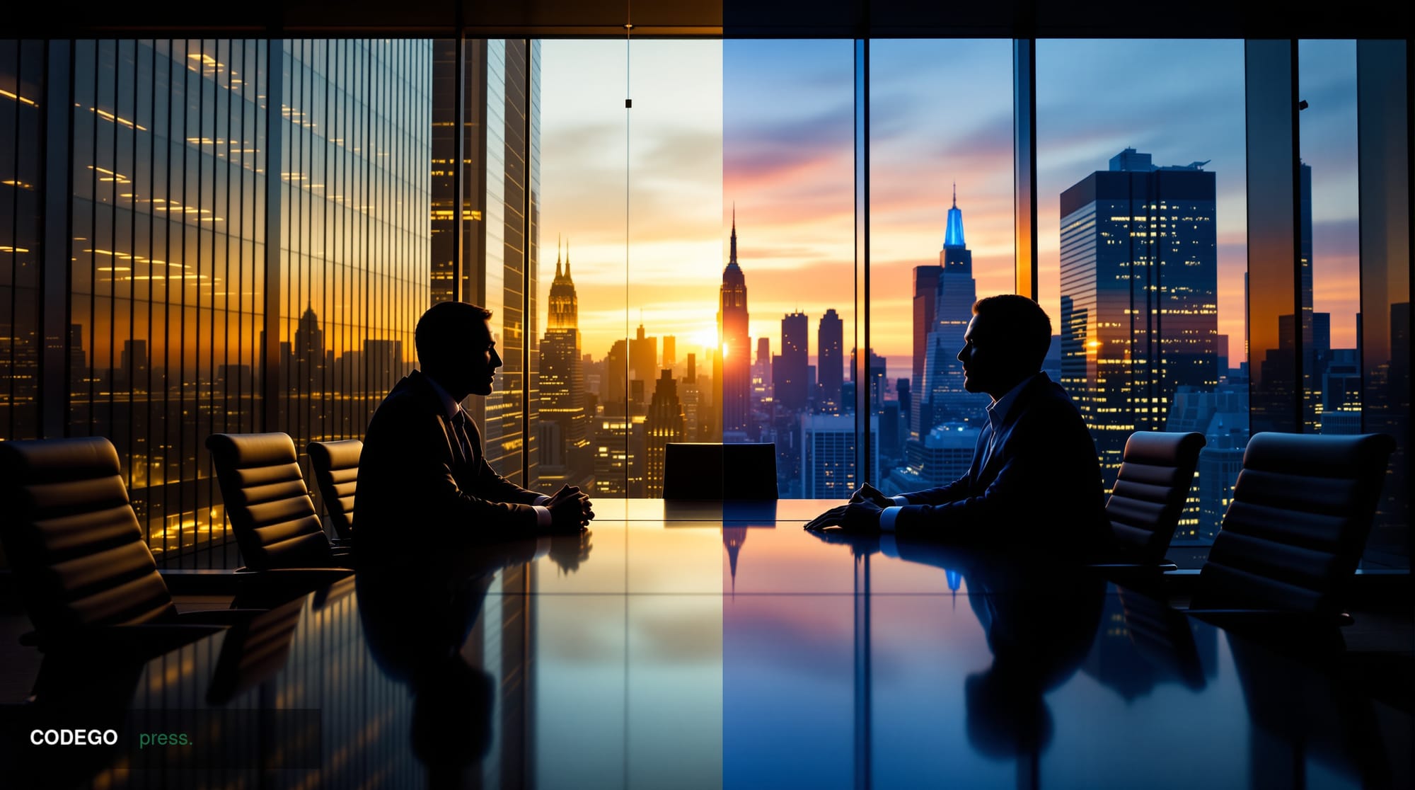 A dramatic split-screen corporate boardroom scene captured with cinematic editorial photography, showcasing the tension betwe