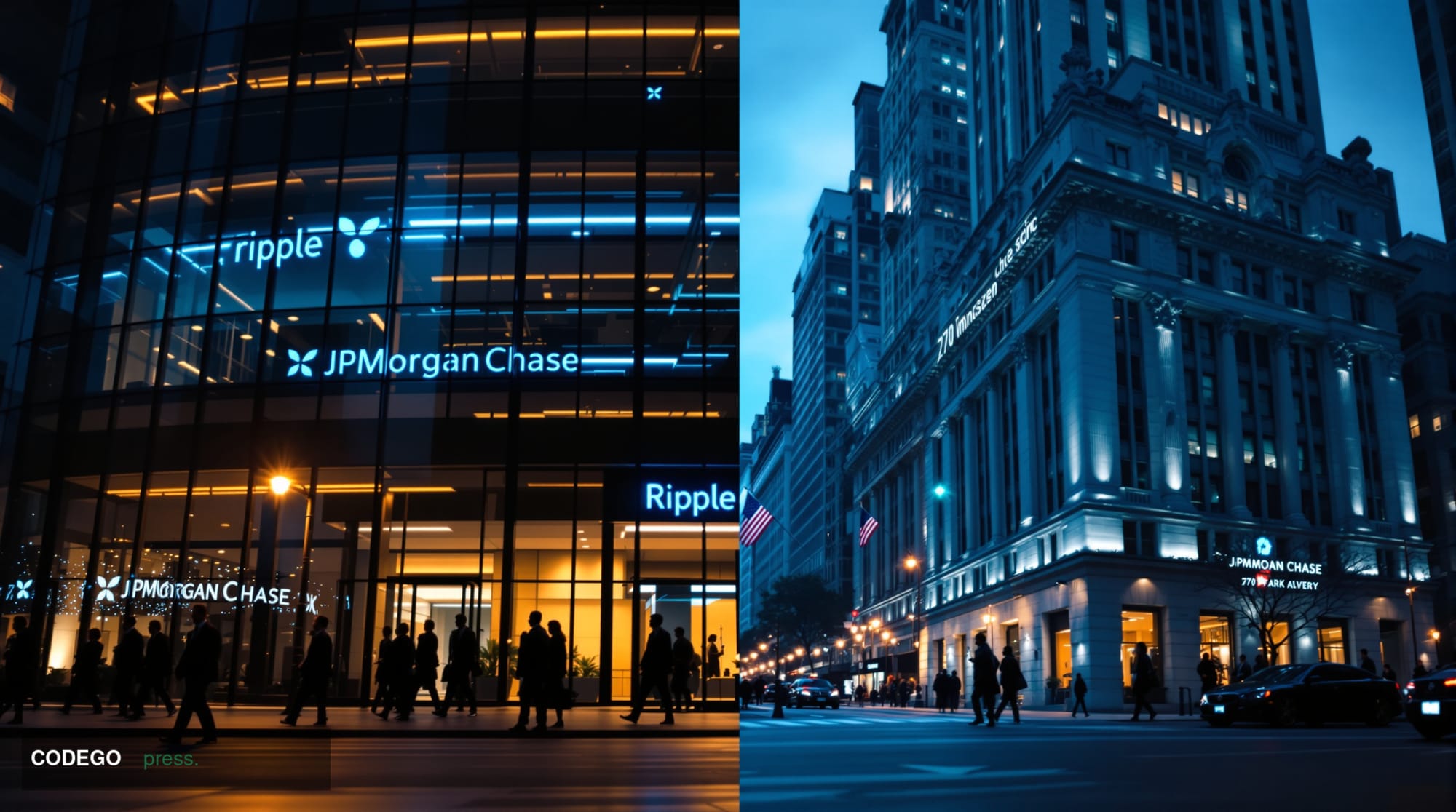 A cinematic editorial photograph showing two contrasting corporate environments in split composition - on the left, Ripple's 