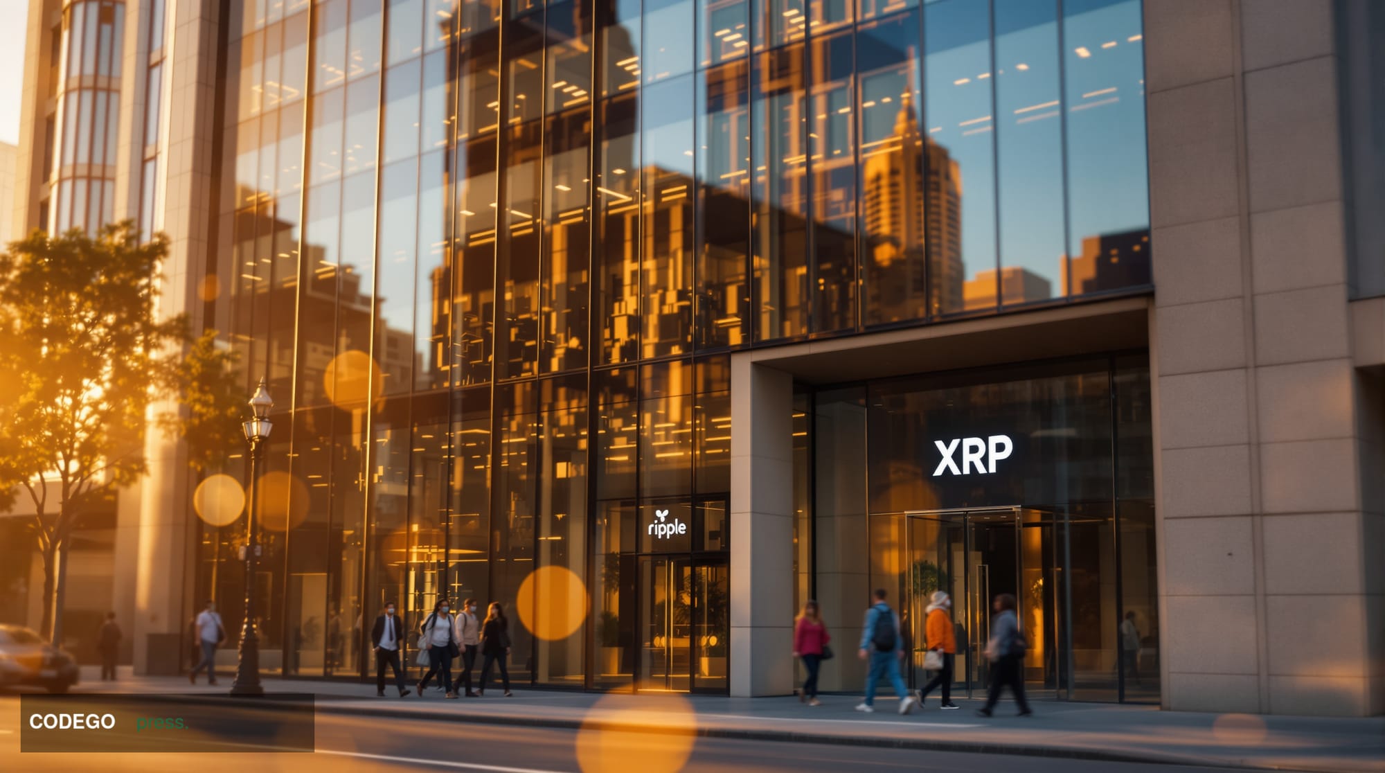 A cinematic editorial photograph showing Ripple's San Francisco headquarters exterior with its distinctive glass facade, capt