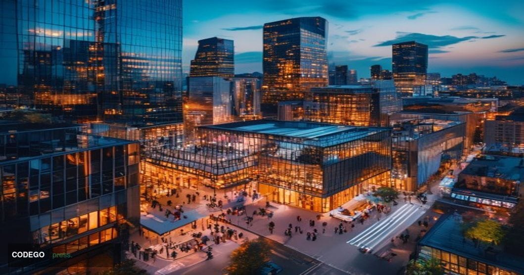 A sweeping aerial view of a vibrant financial district during a major fintech festival, captured with cinematic editorial pho