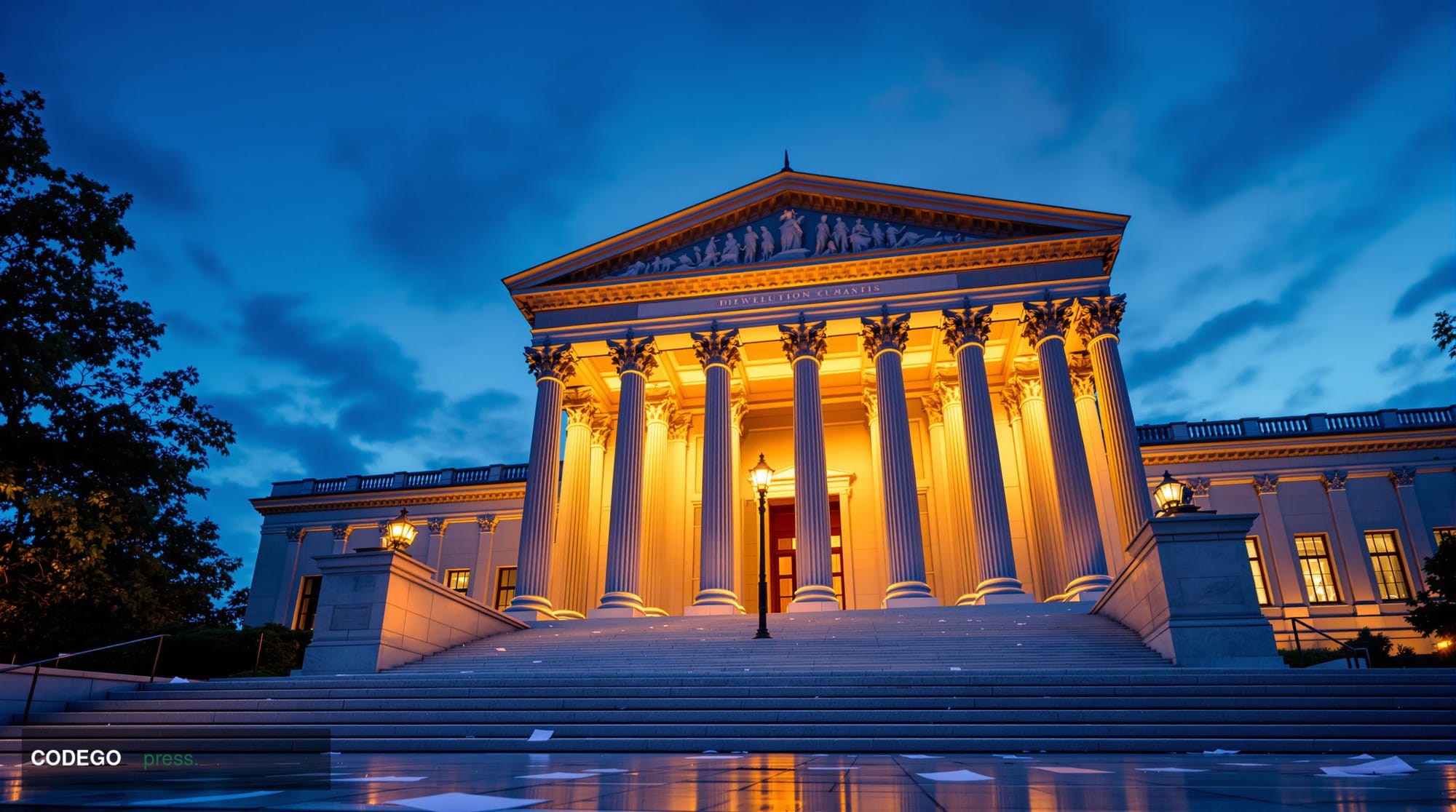 A dramatic photorealistic editorial photograph showcasing the Federal Reserve building in Washington DC during golden hour, w