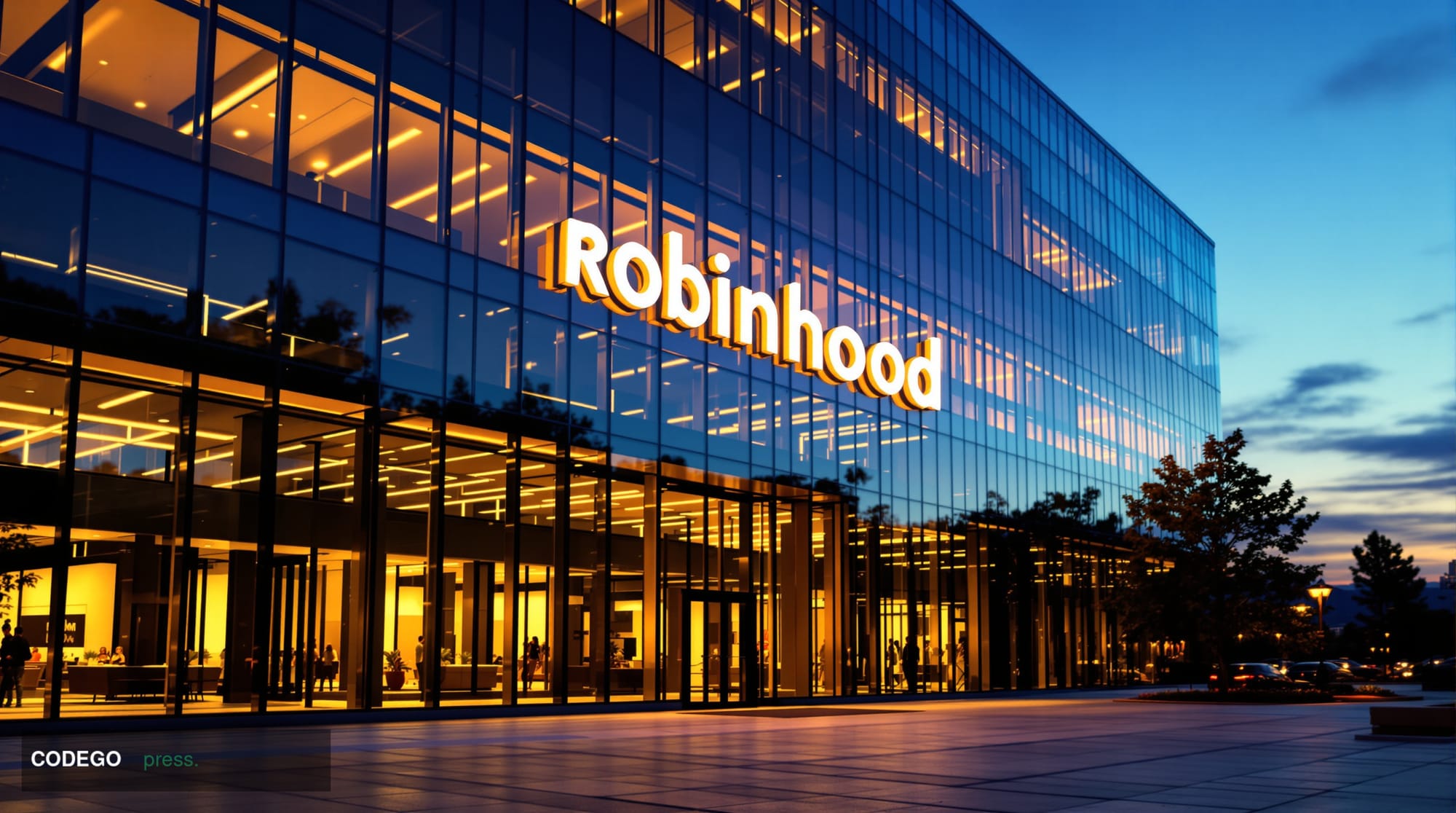 A photorealistic editorial photograph showing Robinhood's Menlo Park headquarters exterior at golden hour, with the distincti