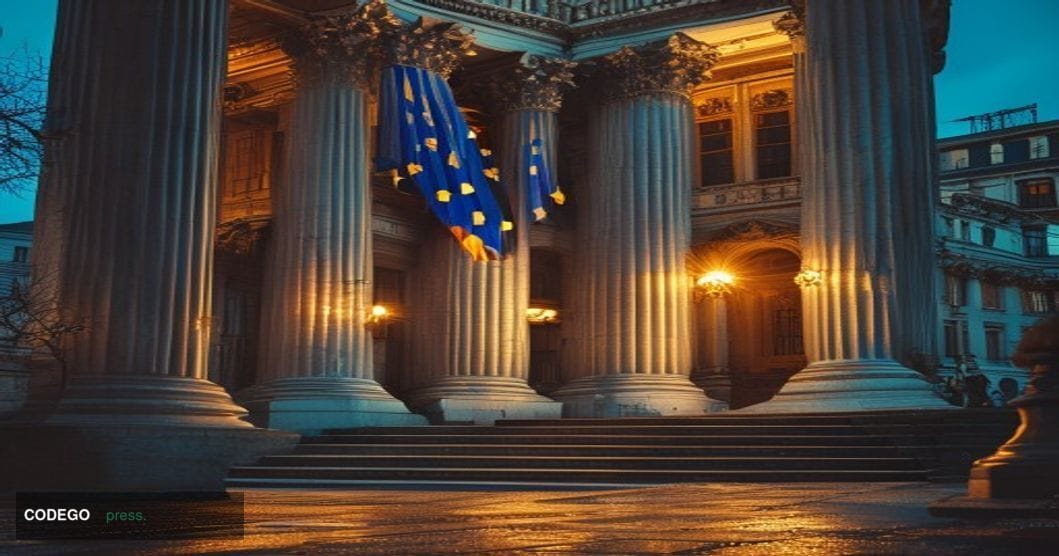 A dramatic photorealistic editorial photograph showing the imposing neoclassical facade of a European court building at dusk,