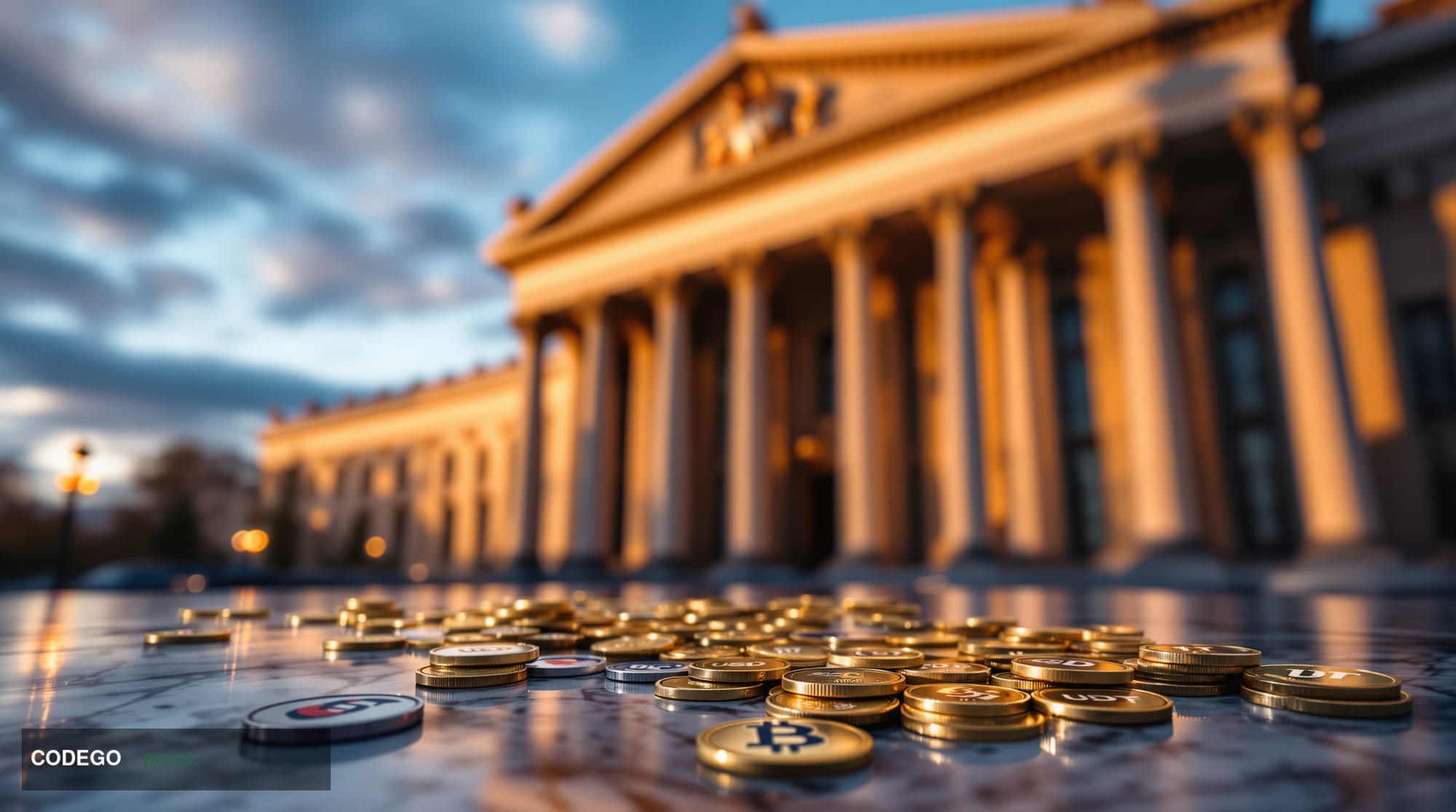 A cinematic editorial photograph capturing the intersection of Russian financial policy and cryptocurrency regulation. The sc