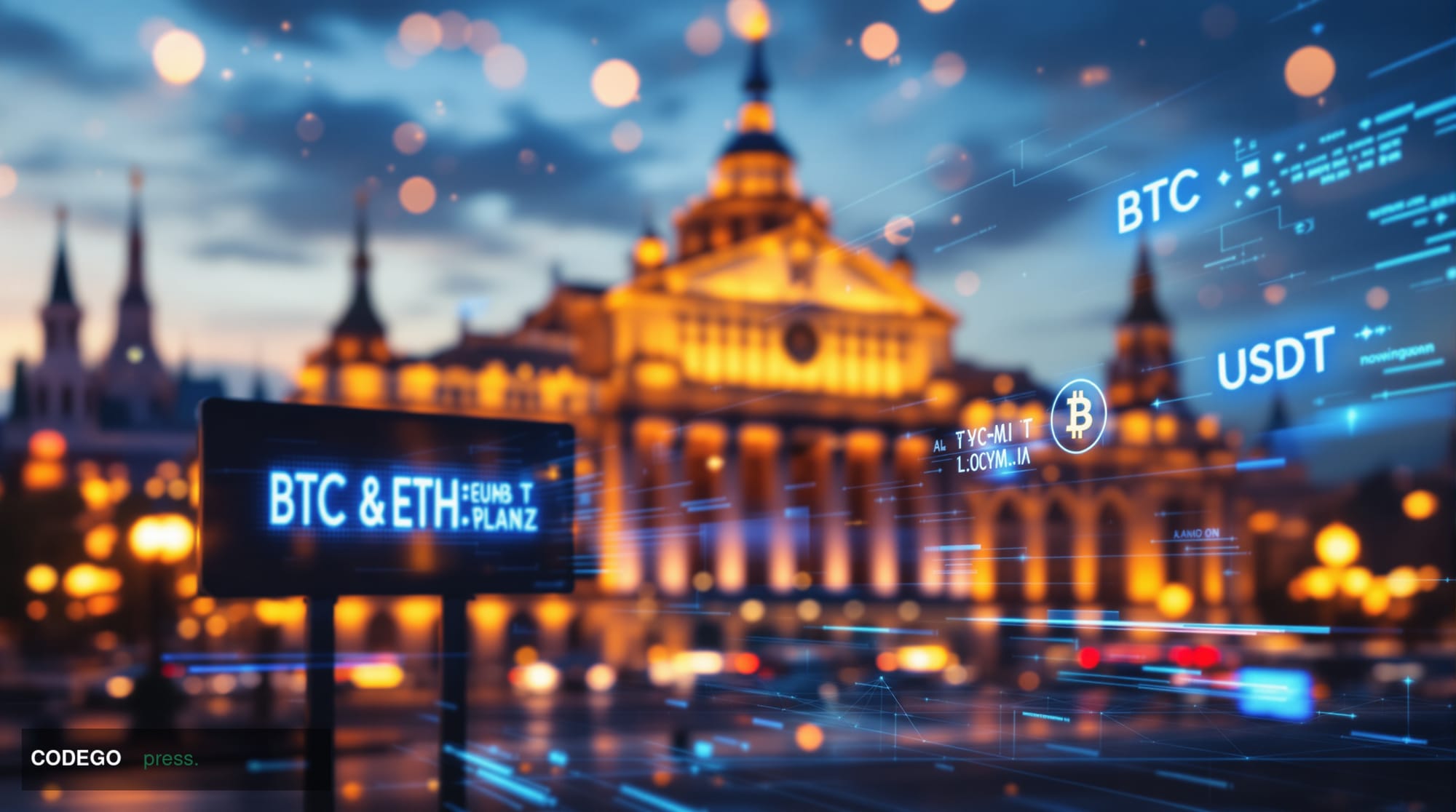 A dramatic editorial photograph of Moscow's financial district at dusk, featuring the imposing architecture of the Central Ba