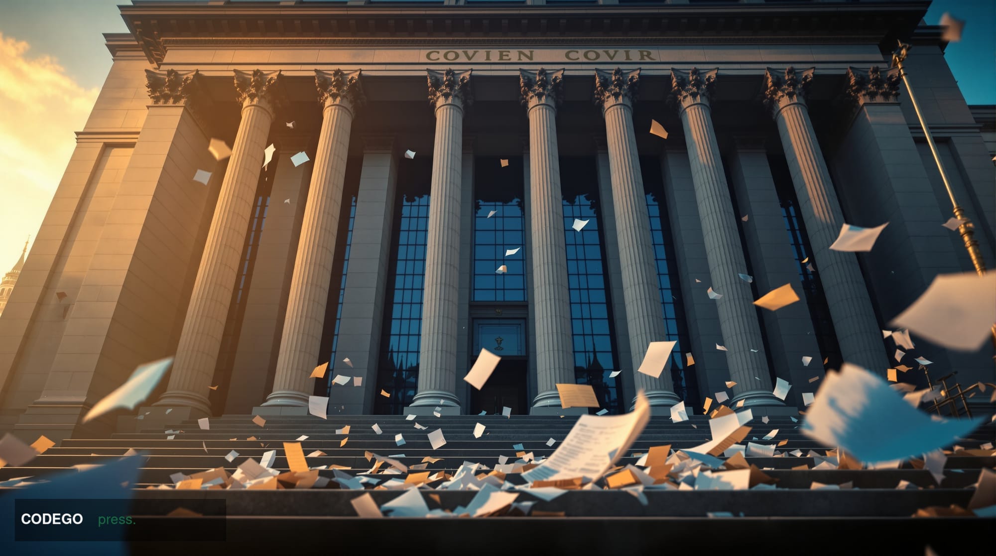 A dramatic editorial photograph showing the imposing neo-classical facade of the Russian Ministry of Foreign Affairs building