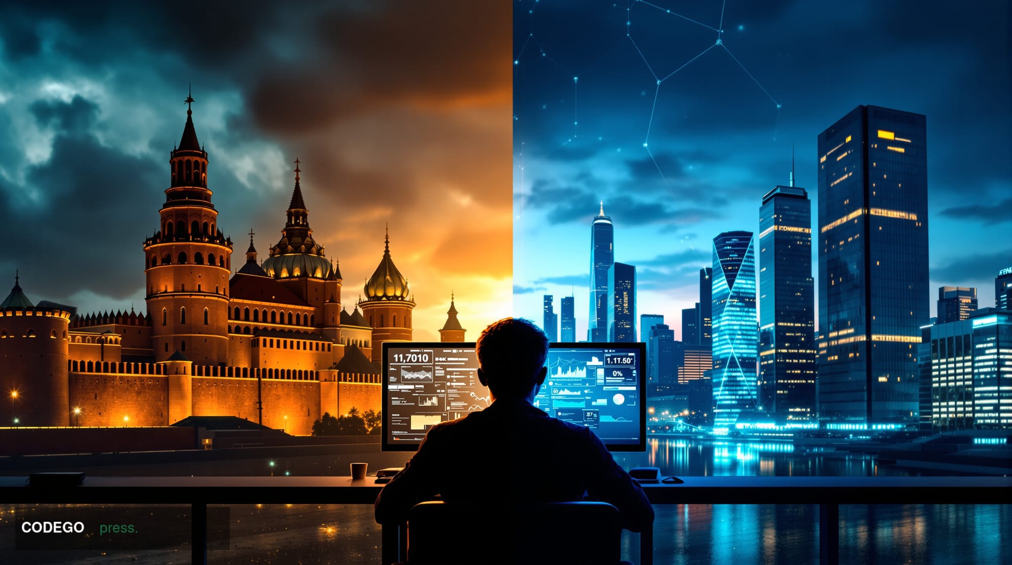 A dramatic split-screen composition showing the geopolitical tension between Russia and Britain over cryptocurrency regulatio