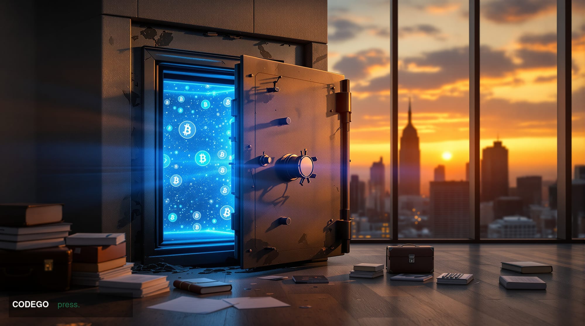A dramatic editorial photograph showing an abandoned, weathered safe or vault door slightly ajar in golden hour lighting, wit