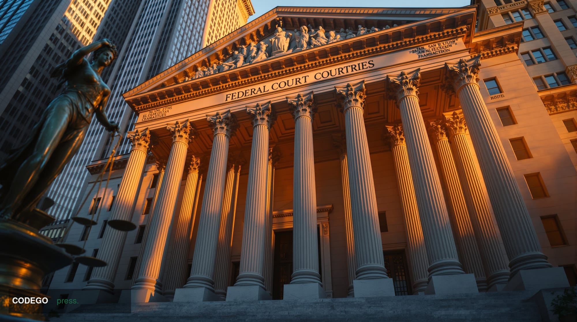 A dramatic photorealistic editorial photograph of the imposing federal courthouse in Manhattan where FTX founder Sam Bankman-