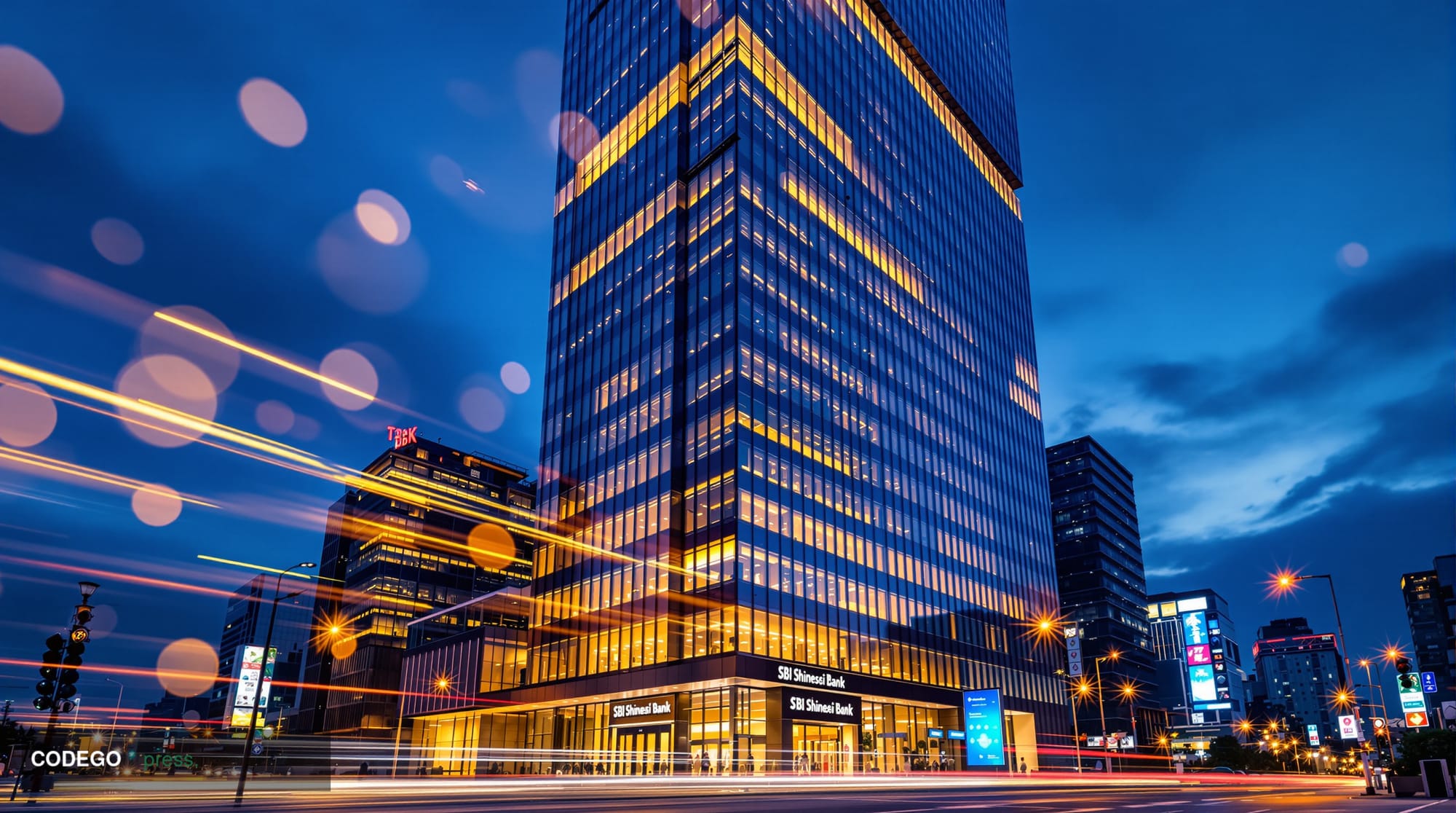 A photorealistic editorial photograph showcasing the modern SBI Shinsei Bank headquarters building in Tokyo's financial distr