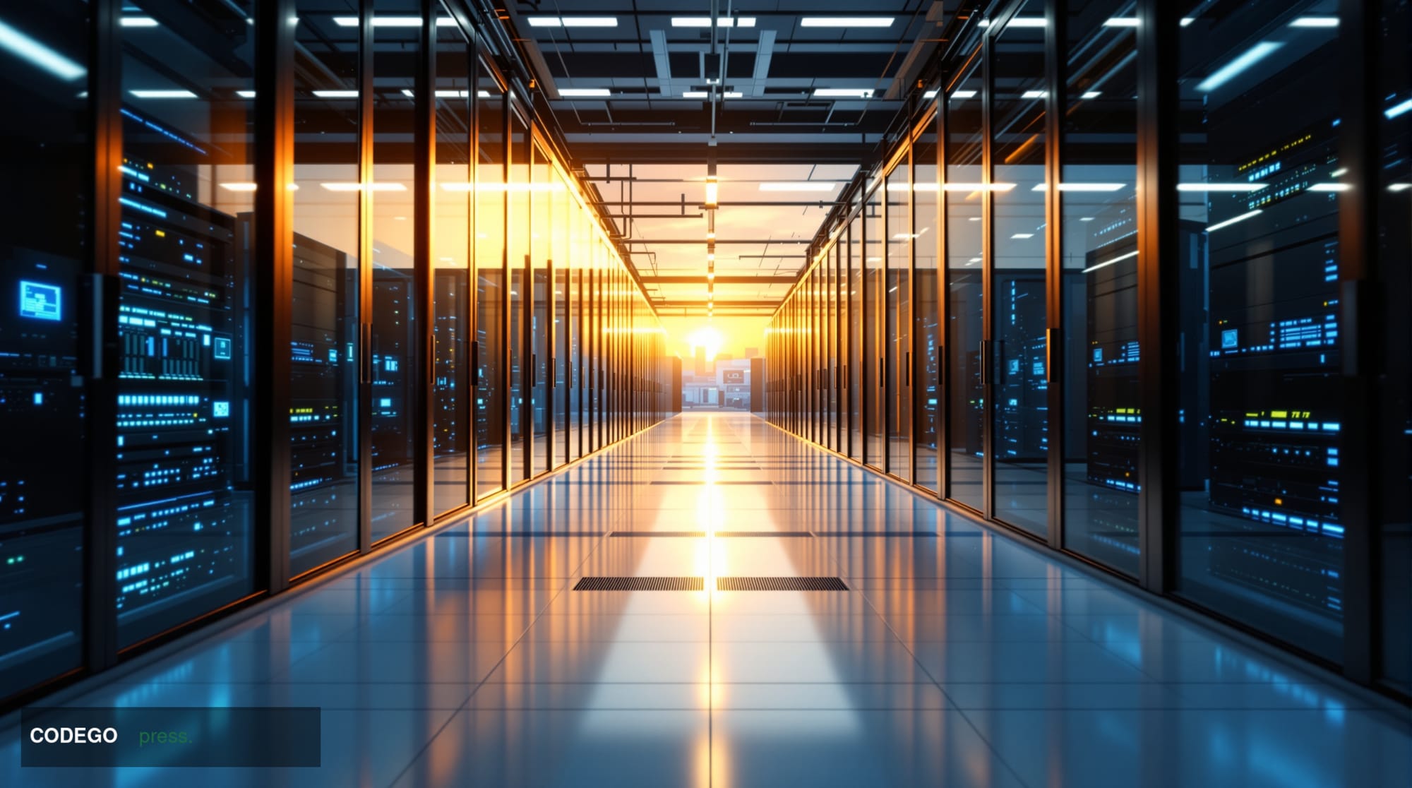 A cinematic wide-angle view of a massive modern data center facility at golden hour, showcasing rows of server racks through 