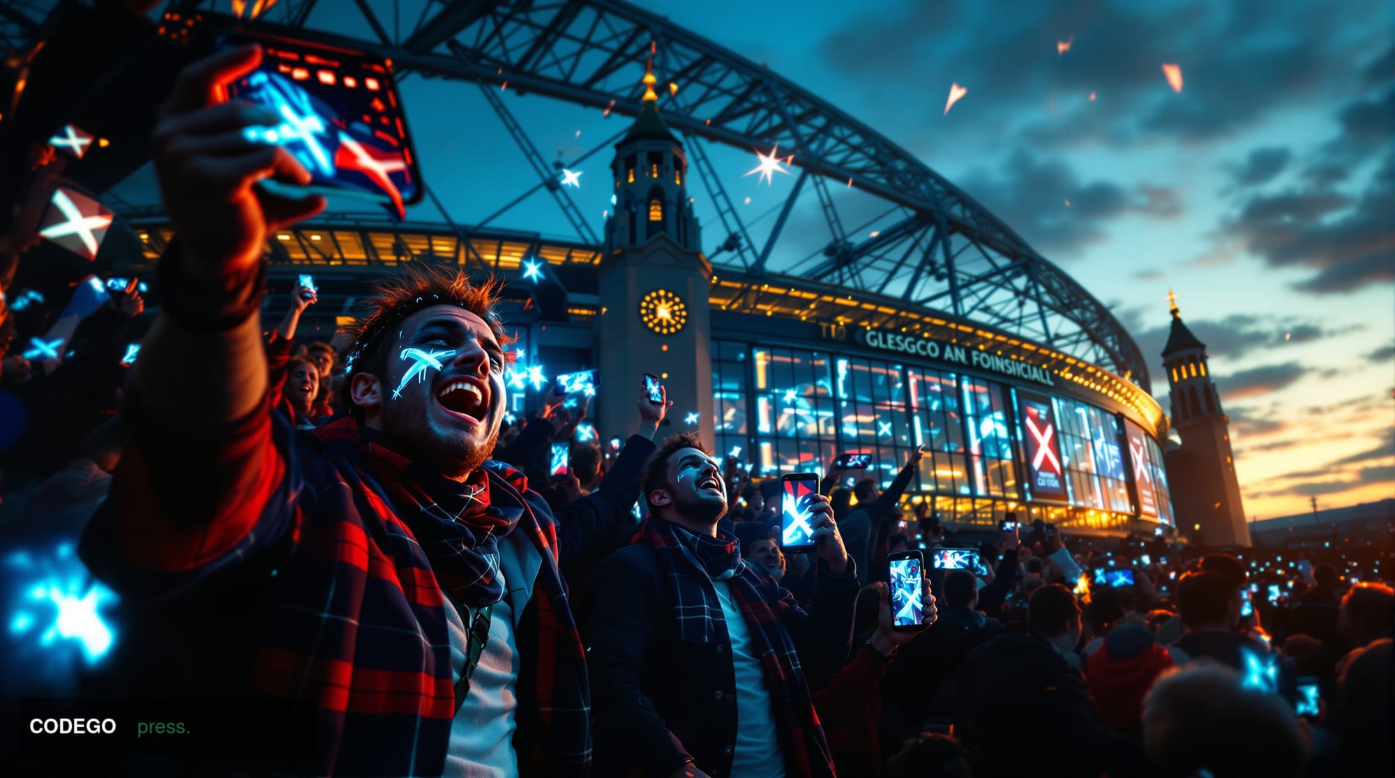 A dramatic photorealistic editorial photograph capturing the celebration at Hampden Park stadium in Glasgow, Scotland, with t