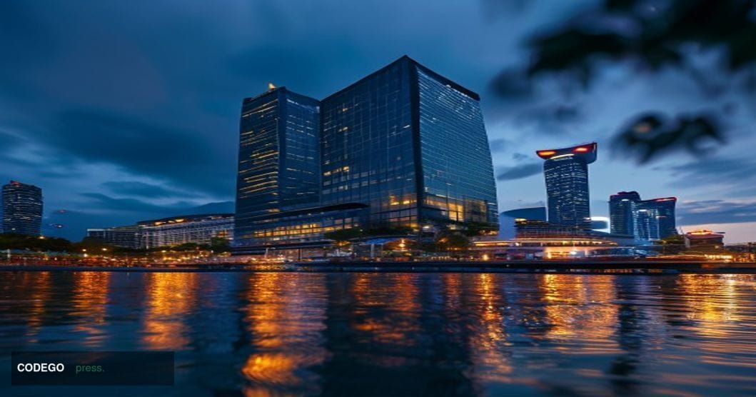 A cinematic editorial photograph of Sea Ltd's distinctive modern headquarters building in Singapore's Marina Bay financial di