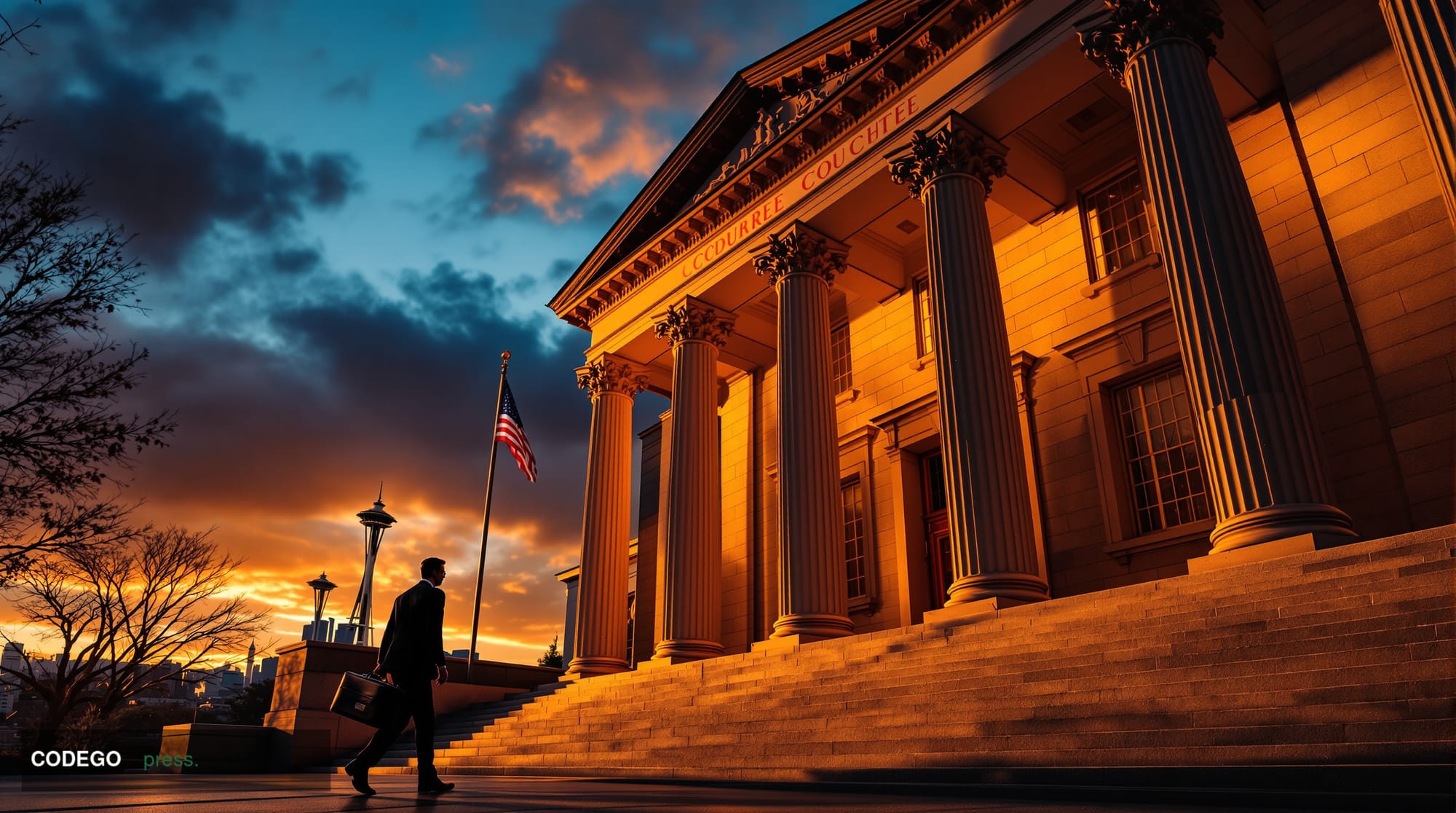 A dramatic editorial photograph showing the imposing federal courthouse building in Seattle, Washington, with its distinctive