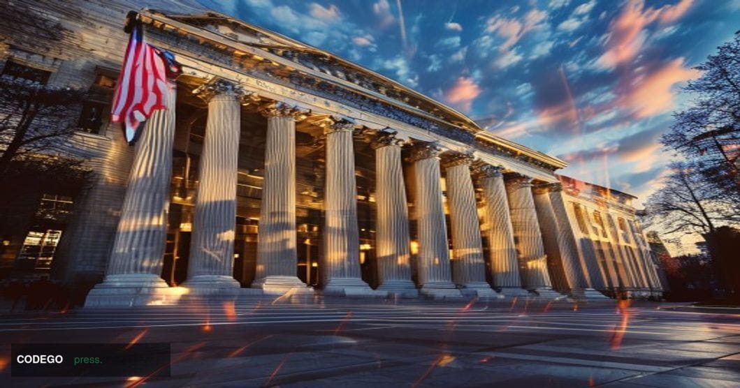 A photorealistic editorial photograph of the SEC headquarters building in Washington DC, captured from a low angle perspectiv