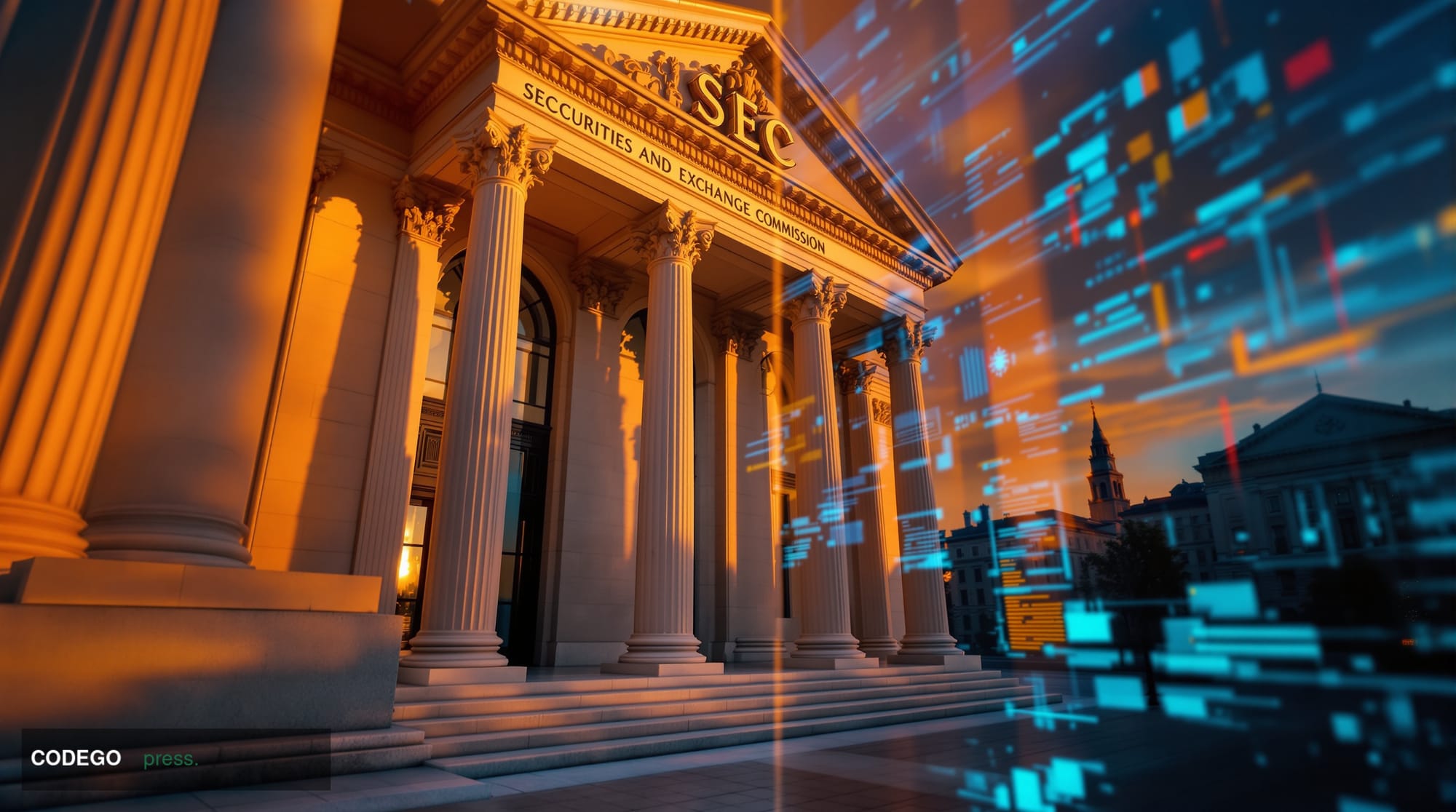 A cinematic editorial photograph showing the imposing neoclassical facade of the SEC headquarters building in Washington DC a