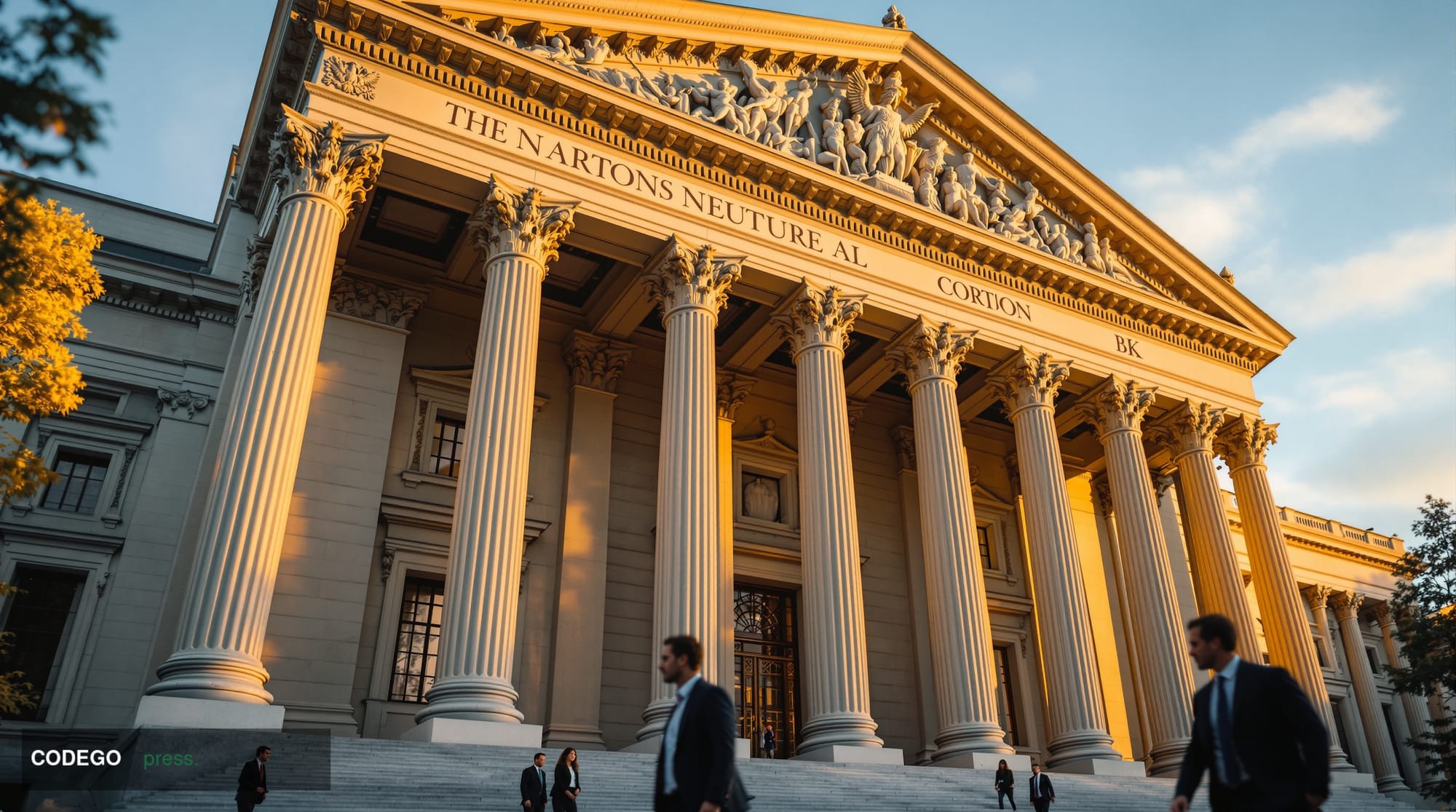A dramatic cinematic photograph of the imposing neoclassical facade of the Securities and Exchange Commission headquarters bu