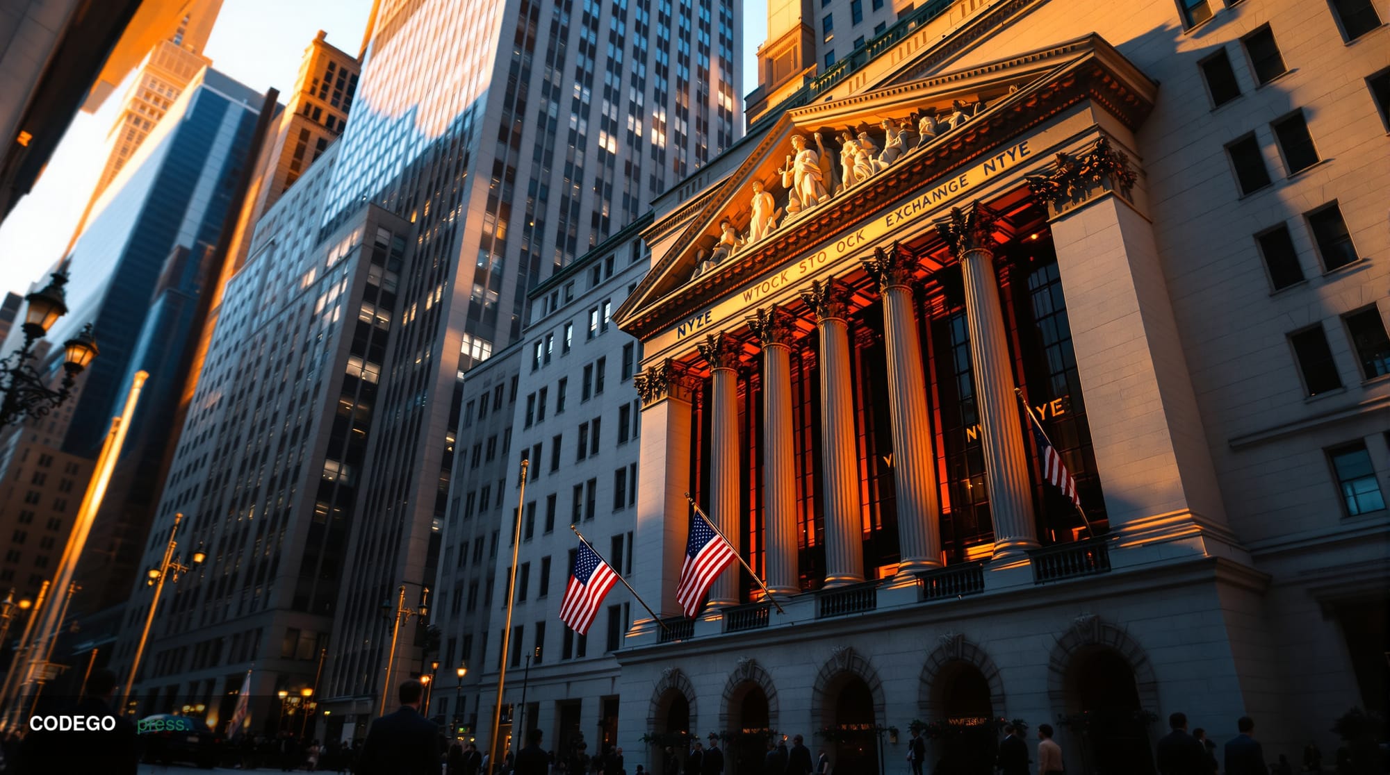 A dramatic wide-angle shot of the iconic New York Stock Exchange building facade on Wall Street, captured during golden hour 