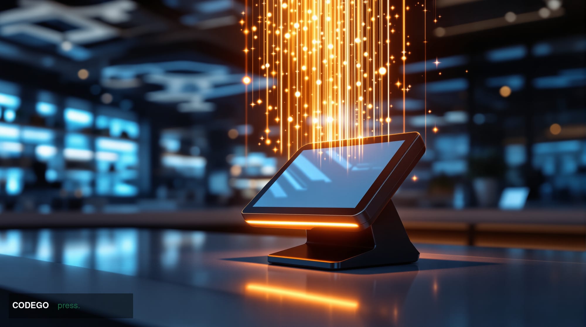 A striking editorial photograph showcasing modern payment terminal technology in a sleek retail environment. The scene featur