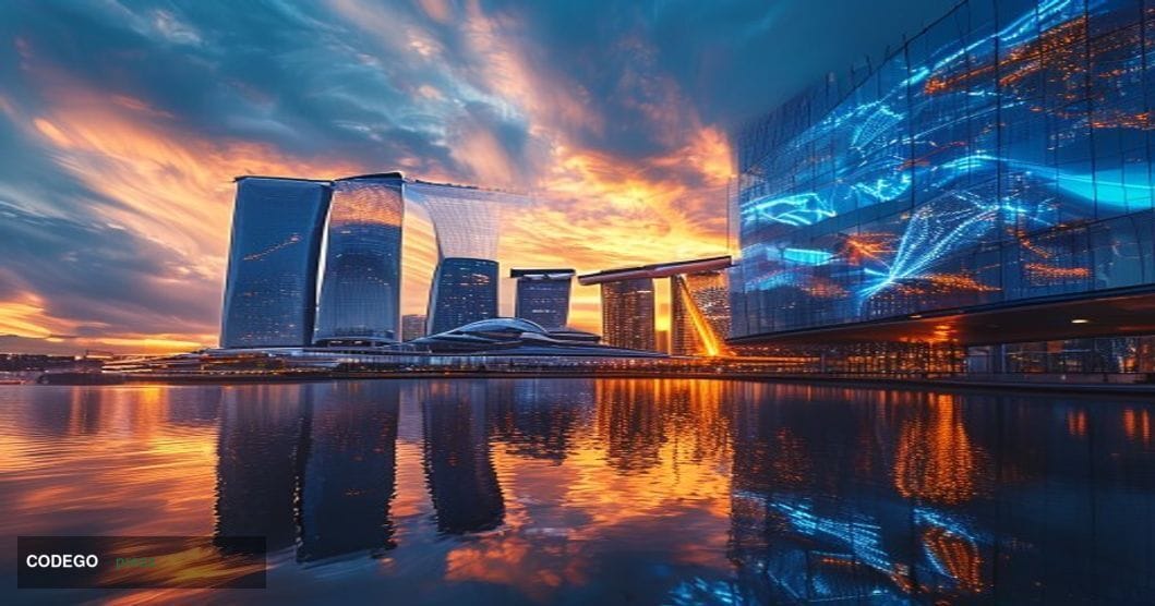 A photorealistic editorial photograph showcasing Singapore's Marina Bay skyline at golden hour, with the iconic Marina Bay Sa