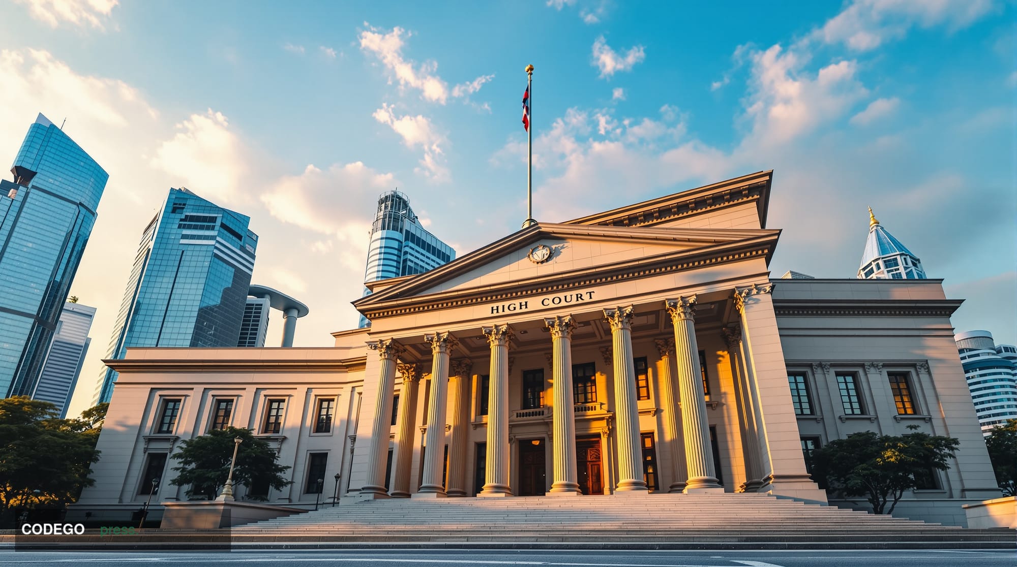 A dramatic cinematic photograph of Singapore's modern legal district with the Singapore High Court building prominently featu