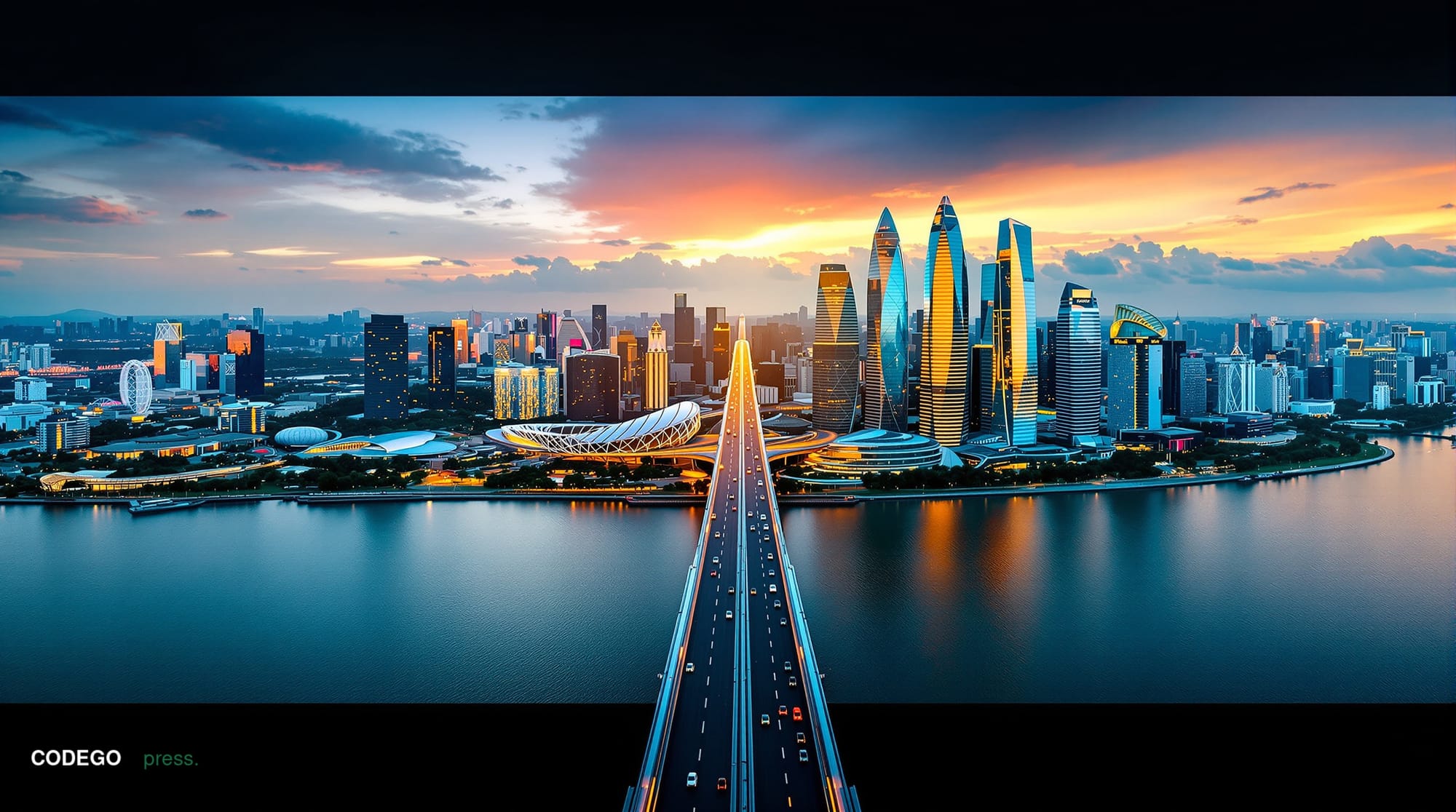 A cinematic editorial photograph showcasing the Singapore-Malaysia financial corridor through a dramatic aerial view of the J
