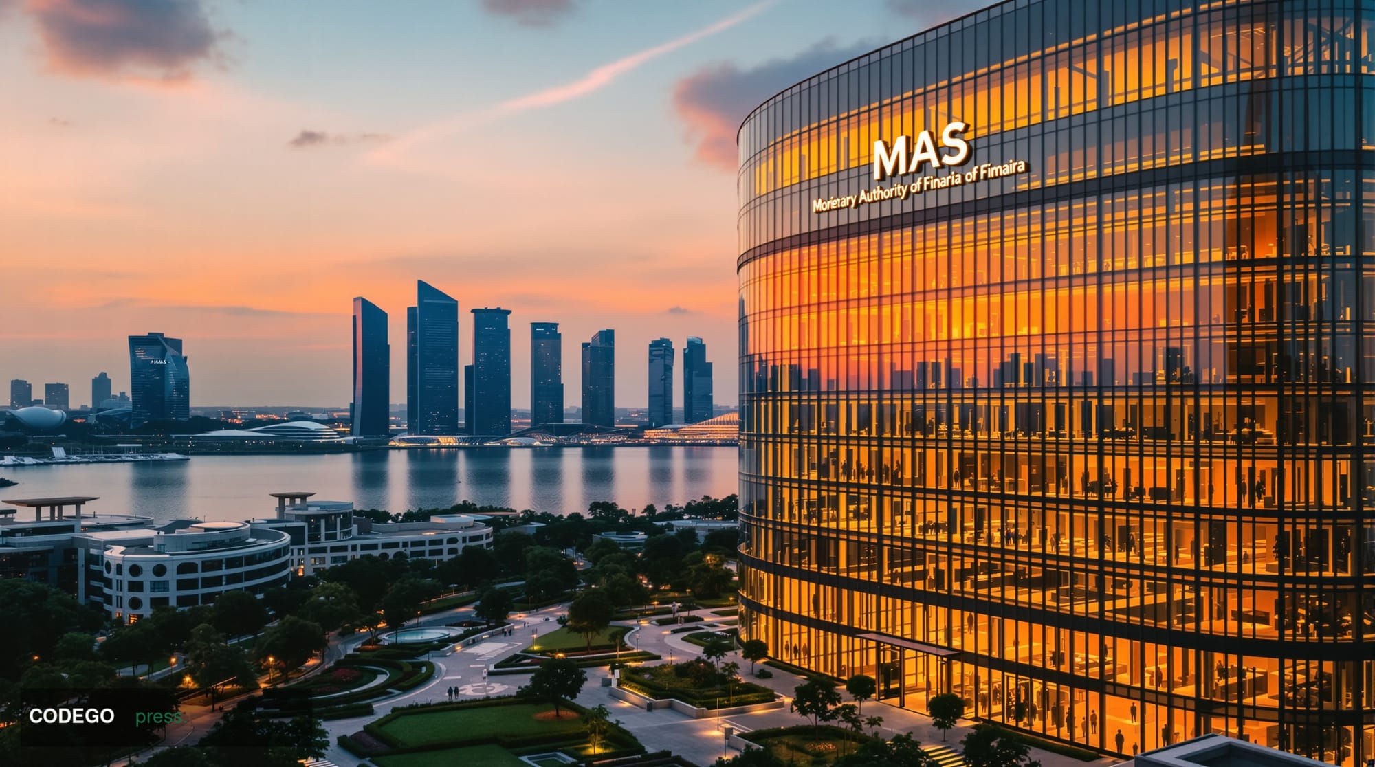 A cinematic wide-angle photograph of Singapore's Marina Bay financial district at golden hour, showing the iconic <a href="ht