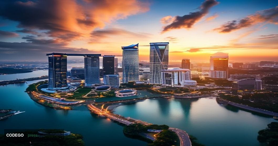 A stunning aerial view of Singapore's Marina Bay financial district at golden hour, showcasing the iconic Marina Bay Sands, t