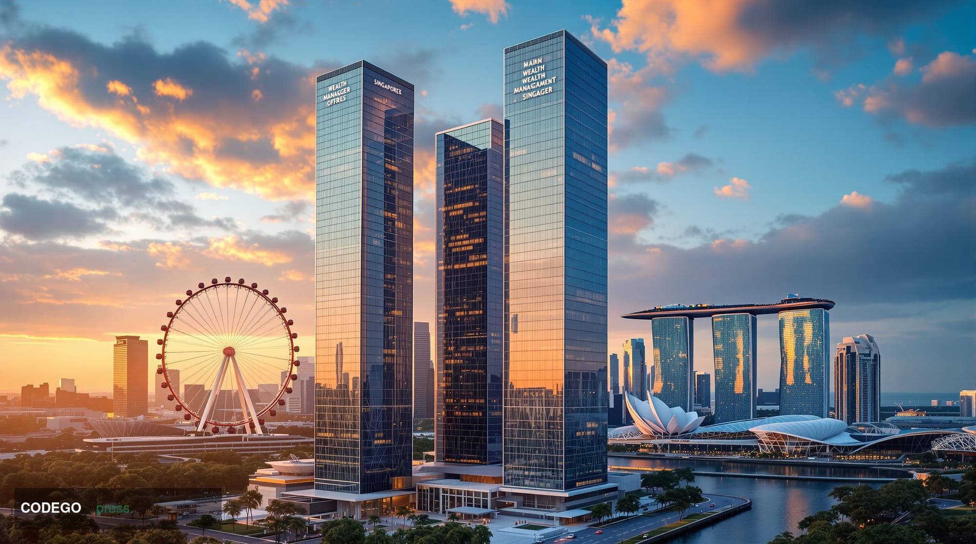A dramatic architectural photograph of Singapore's Central Business District skyline at golden hour, featuring the iconic Mar