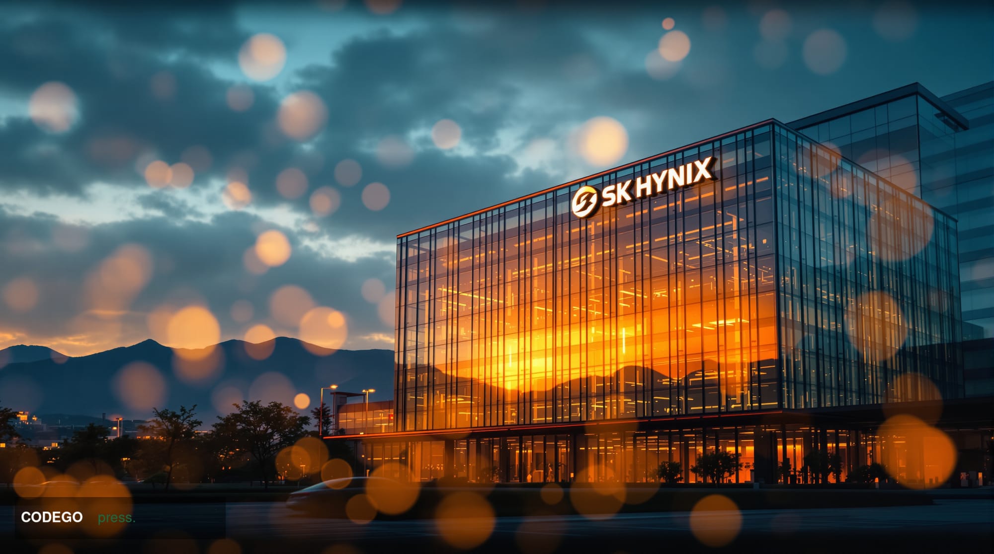 A dramatic cinematic photograph of SK Hynix's modern corporate headquarters in Icheon, South Korea, captured during the golde