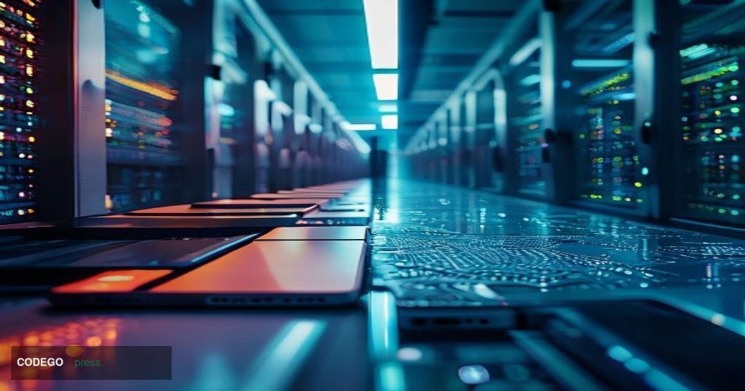 A cinematic editorial photograph showing a dramatic split-screen composition of the modern semiconductor industry transformat