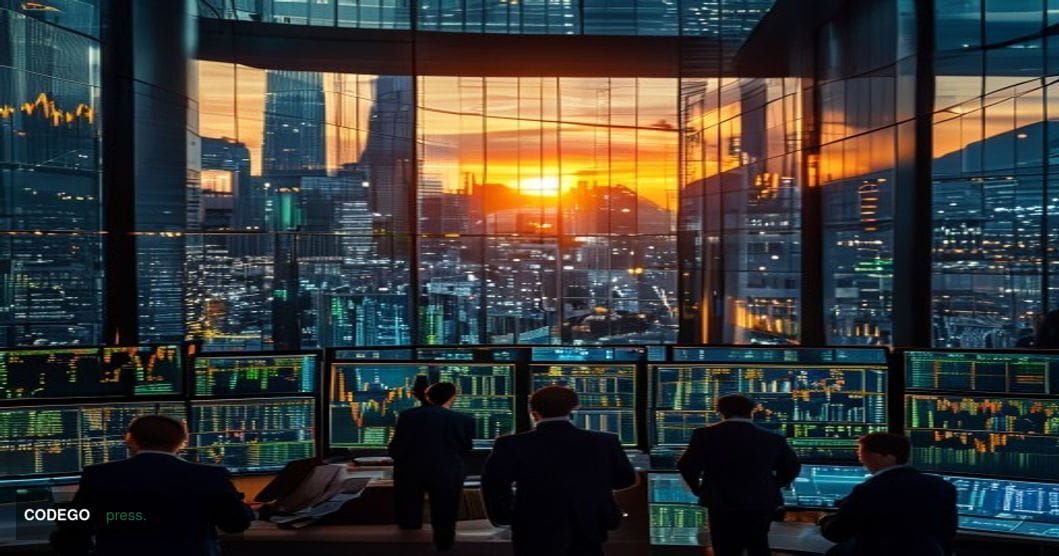 A dynamic split-composition photograph showing a Japanese stock exchange trading floor in sharp focus in the foreground with 