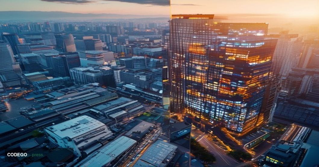 A dramatic split-screen aerial view of modern Tokyo showcasing the stark contrast between Japan's industrial past and technol