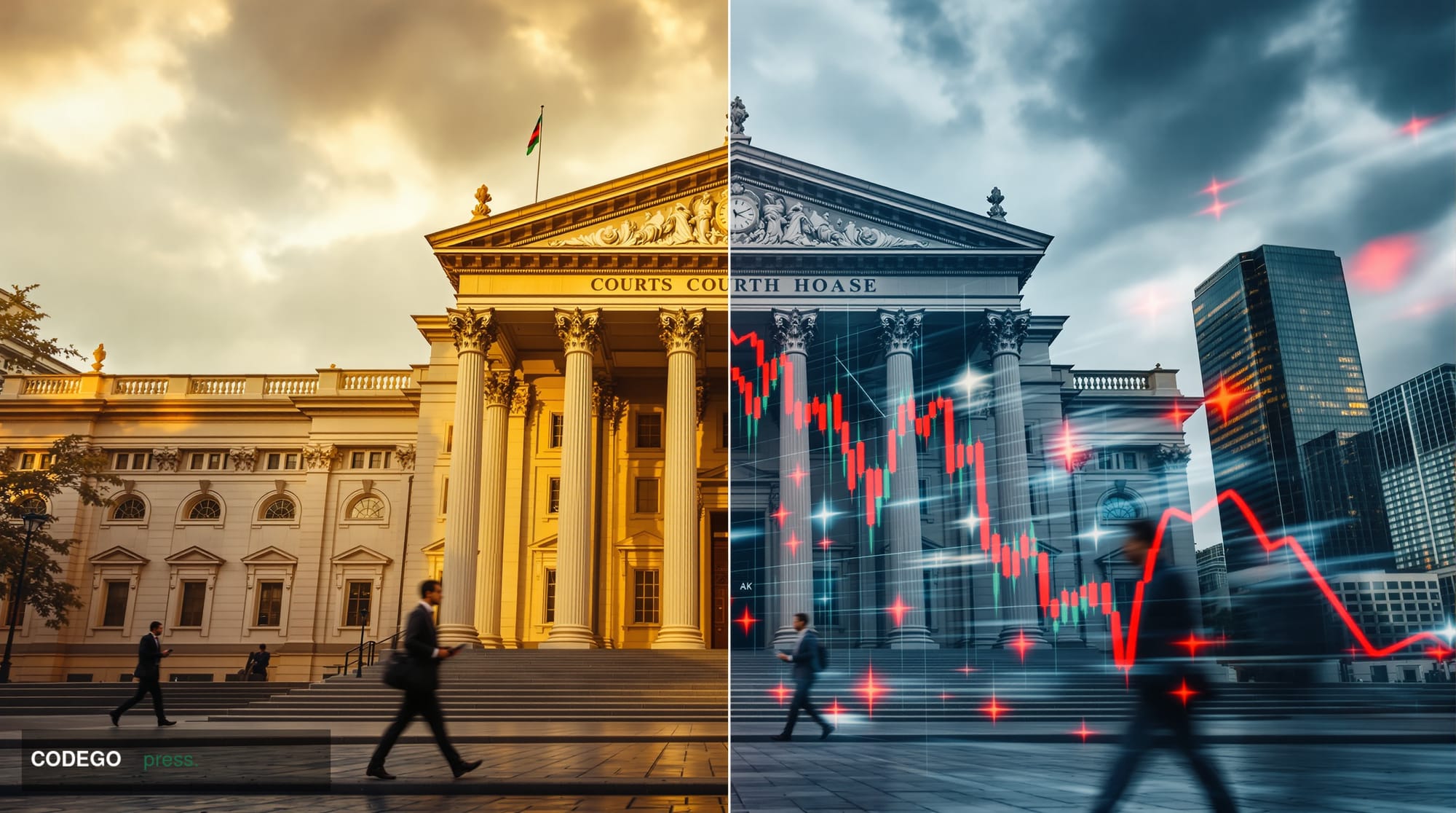 A dramatic split-screen editorial photograph showing the contrast between traditional and digital finance. Left side features