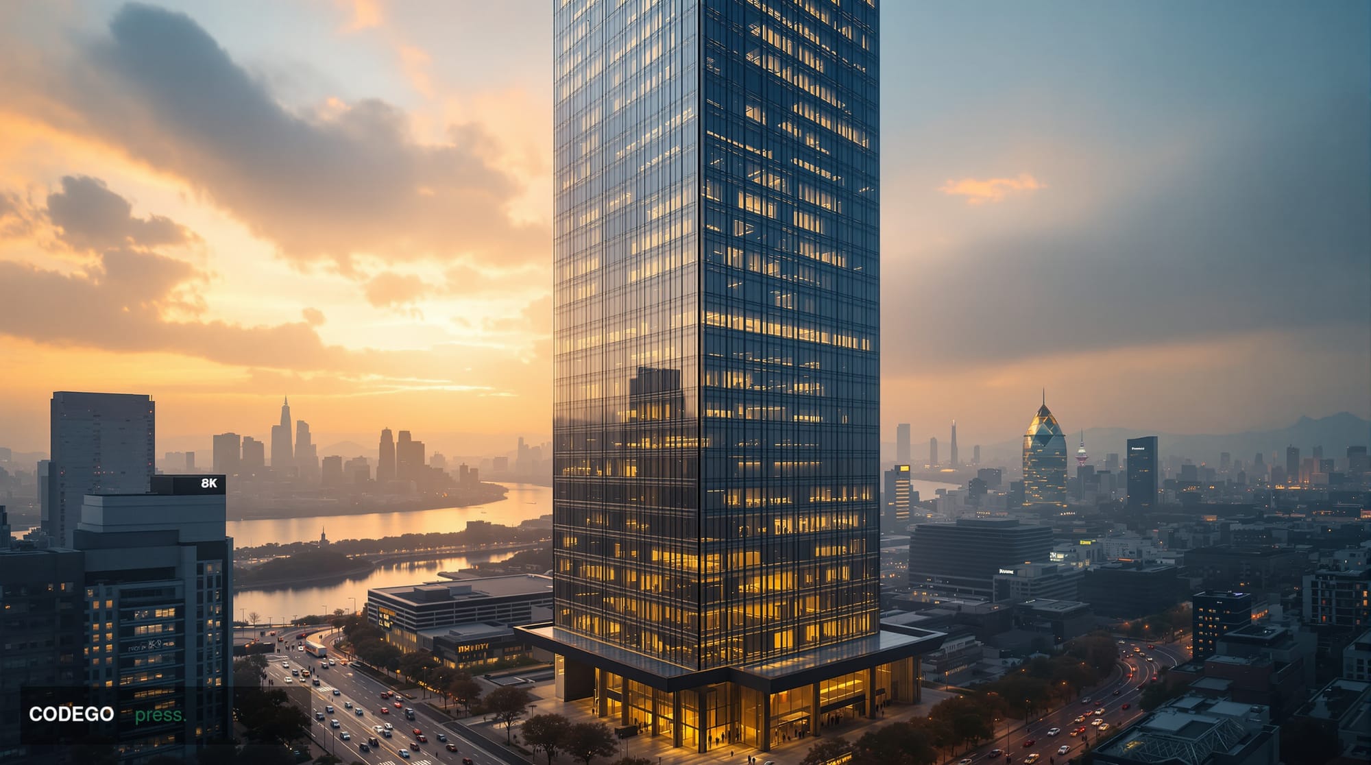 A dramatic photorealistic editorial photograph of Seoul's financial district during market turmoil, featuring the iconic Kore