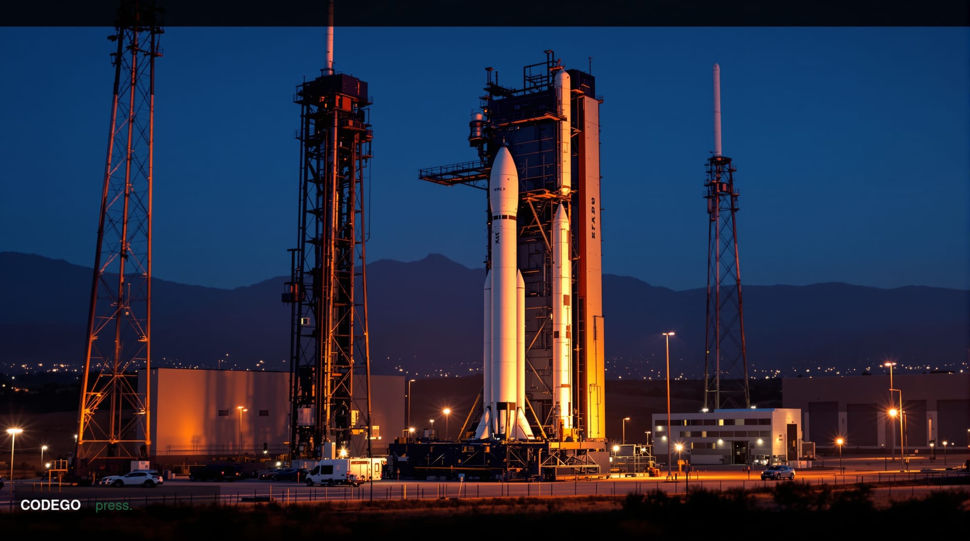 A cinematic editorial photograph showing the SpaceX headquarters complex in Hawthorne, California, with its distinctive rocke