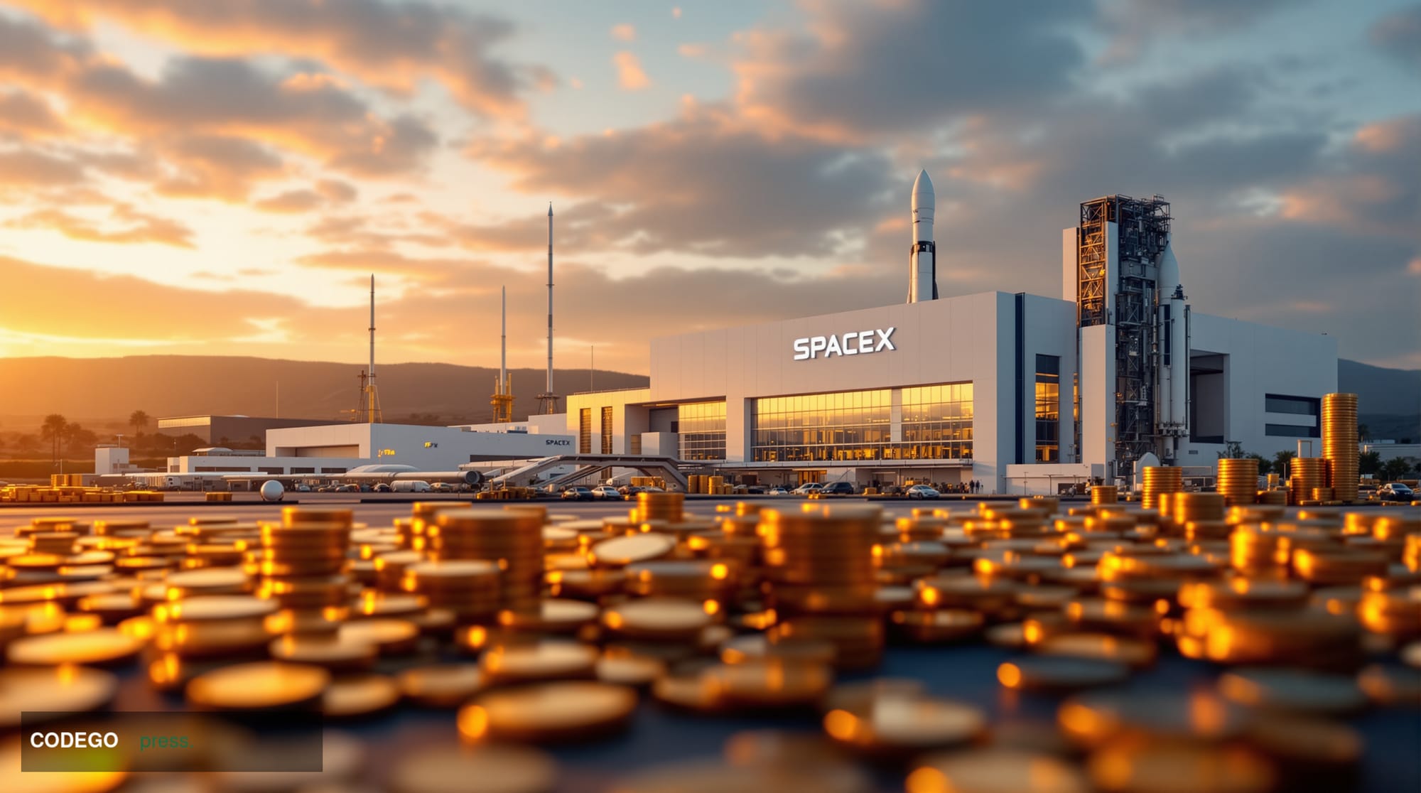 A cinematic editorial photograph of SpaceX's Hawthorne headquarters complex in California, shot during the golden hour with d